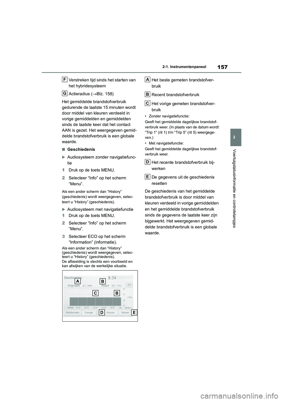 TOYOTA RAV4 HYBRID 2020 Instructieboekje (in Dutch) 157
2
2-1. Instrumentenpaneel
Voertuigstatusinformatie en controlelampjes
Verstreken tijd sinds het starten van
het hybridesysteem
Actieradius (→Blz. 158)
Het gemiddelde brandstofverbruik
gedurend TOYOTA RAV4 HYBRID 2020 Instructieboekje (in Dutch) 157
2
2-1. Instrumentenpaneel
Voertuigstatusinformatie en controlelampjes
Verstreken tijd sinds het starten van
het hybridesysteem
Actieradius (→Blz. 158)
Het gemiddelde brandstofverbruik
gedurend