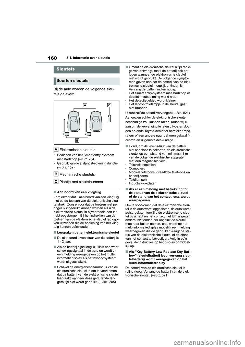 TOYOTA RAV4 HYBRID 2020 Instructieboekje (in Dutch) 1603-1. Informatie over sleutels
3-1.Informatie over sleutels
Bij de auto worden de volgende sleu-
tels geleverd.
Elektronische sleutels
• Bedienen van het Smart entry-systeem met startknop ( →Blz TOYOTA RAV4 HYBRID 2020 Instructieboekje (in Dutch) 1603-1. Informatie over sleutels
3-1.Informatie over sleutels
Bij de auto worden de volgende sleu-
tels geleverd.
Elektronische sleutels
• Bedienen van het Smart entry-systeem met startknop ( →Blz