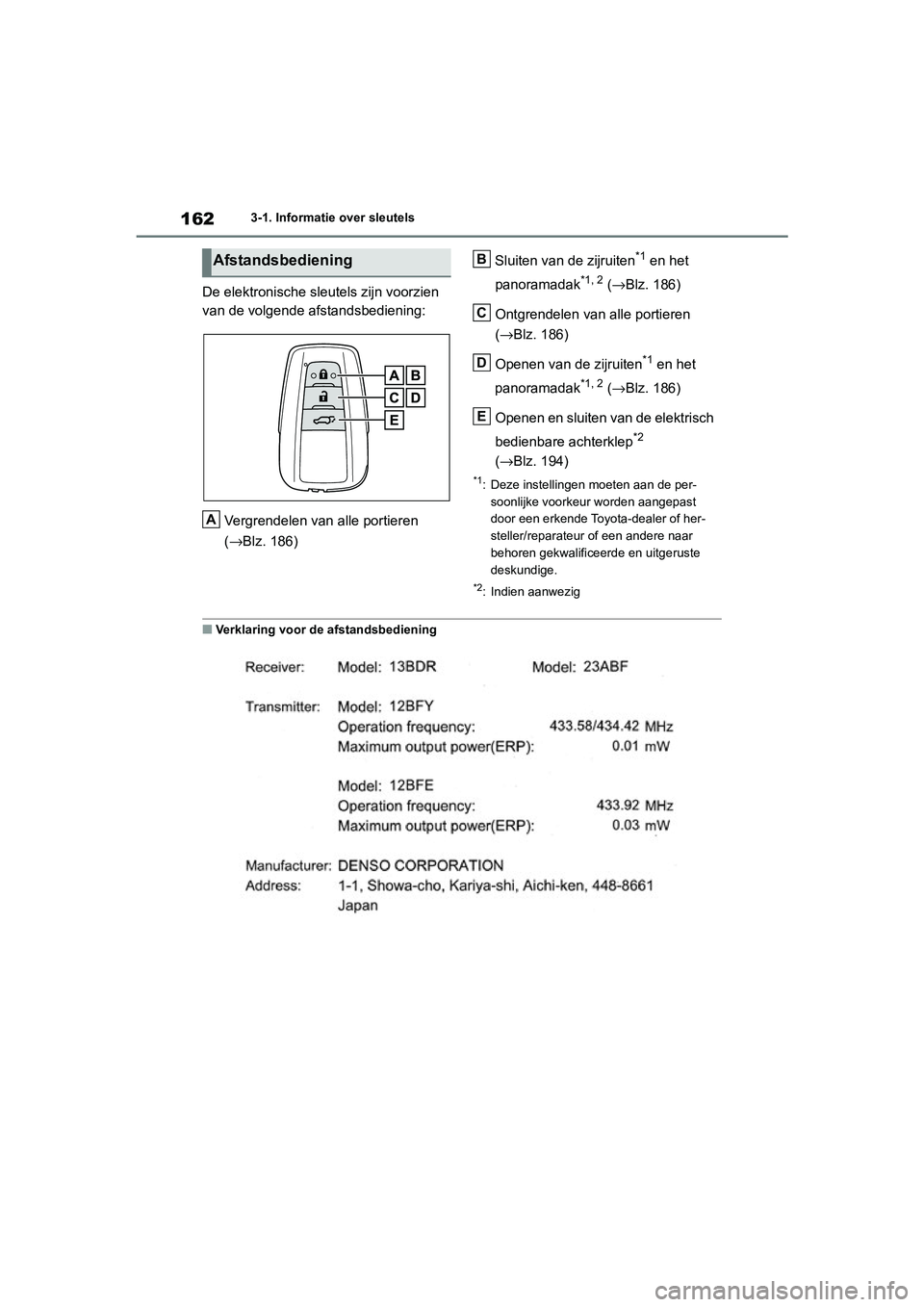 TOYOTA RAV4 HYBRID 2020 Instructieboekje (in Dutch) 1623-1. Informatie over sleutels
De elektronische sleutels zijn voorzien
van de volgende afstandsbediening:Vergrendelen van alle portieren
(→Blz. 186) Sluiten van de zijruiten
*1 en het
panoramad TOYOTA RAV4 HYBRID 2020 Instructieboekje (in Dutch) 1623-1. Informatie over sleutels
De elektronische sleutels zijn voorzien
van de volgende afstandsbediening:Vergrendelen van alle portieren
(→Blz. 186) Sluiten van de zijruiten
*1 en het
panoramad