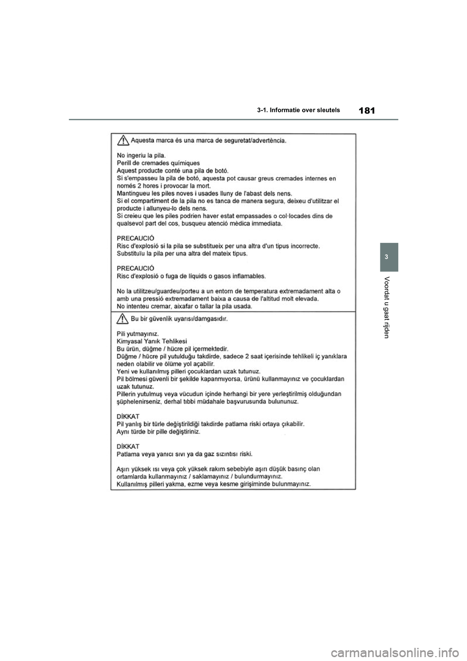 TOYOTA RAV4 HYBRID 2020 Instructieboekje (in Dutch) 181
3
3-1. Informatie over sleutels
Voordat u gaat rijden
pM_RAV4-HV_OM_OM42C86E_(EE).boo
k Page 181 Wednesday, October 9, 2019 11:15 AM TOYOTA RAV4 HYBRID 2020 Instructieboekje (in Dutch) 181
3
3-1. Informatie over sleutels
Voordat u gaat rijden
pM_RAV4-HV_OM_OM42C86E_(EE).boo
k Page 181 Wednesday, October 9, 2019 11:15 AM