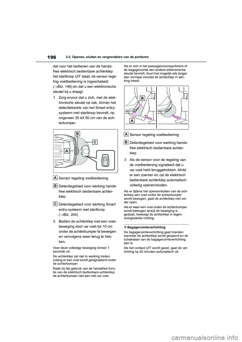 TOYOTA RAV4 HYBRID 2020 Instructieboekje (in Dutch) 1963-2. Openen, sluiten en vergrendelen van de portieren
dat voor het bedienen van de hands-
free elektrisch bedienbare achterklep
het startknop UIT staat, de sensor rege-
ling voetbediening is inges TOYOTA RAV4 HYBRID 2020 Instructieboekje (in Dutch) 1963-2. Openen, sluiten en vergrendelen van de portieren
dat voor het bedienen van de hands-
free elektrisch bedienbare achterklep
het startknop UIT staat, de sensor rege-
ling voetbediening is inges