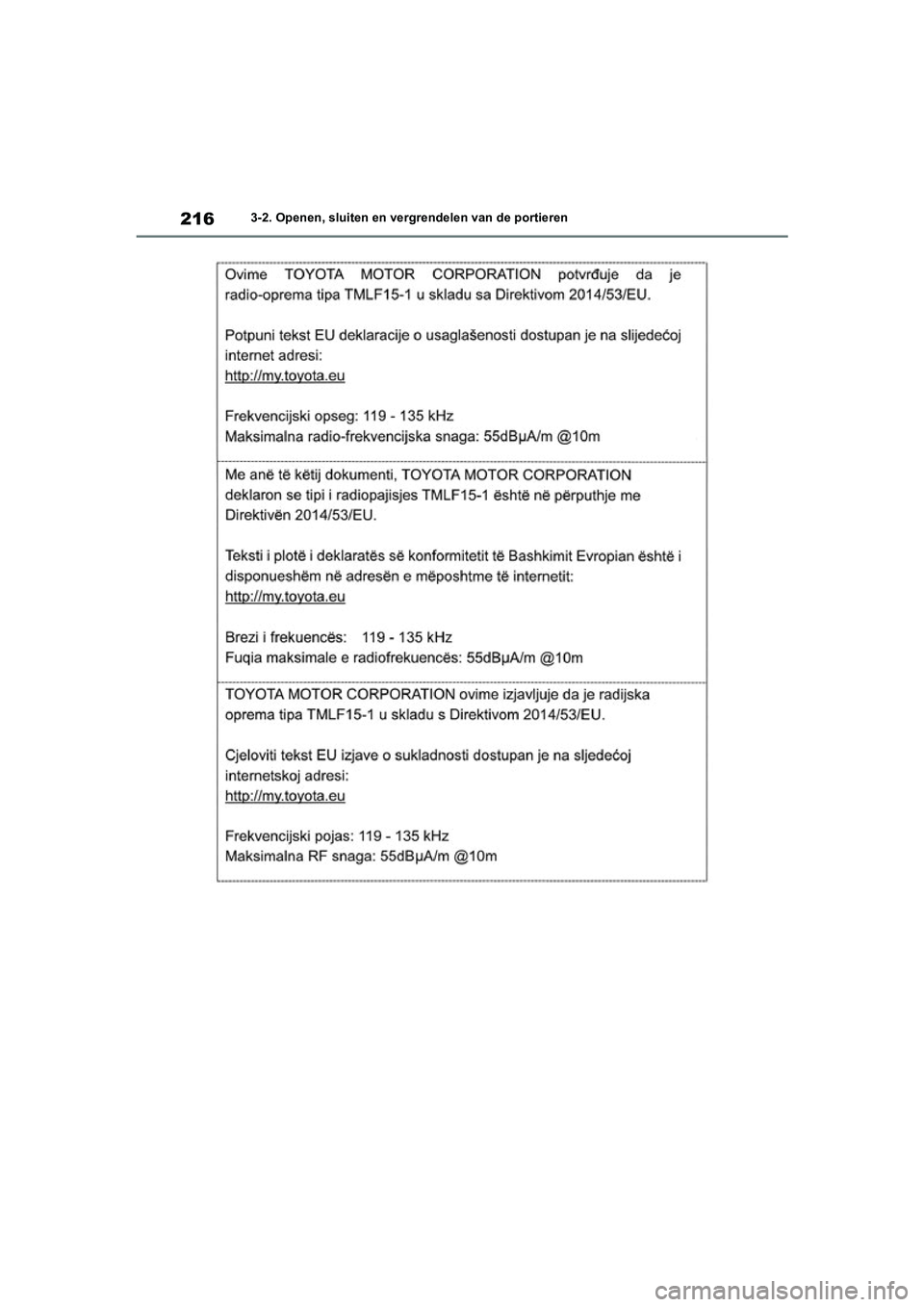 TOYOTA RAV4 HYBRID 2020  Instructieboekje (in Dutch) 2163-2. Openen, sluiten en vergrendelen van de portieren
pM_RAV4-HV_OM_OM42C86E_(EE).book  Page 216  Wednesday, October 9, 2019  11:15 AM 
