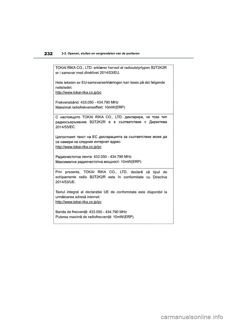 TOYOTA RAV4 HYBRID 2020  Instructieboekje (in Dutch) 2323-2. Openen, sluiten en vergrendelen van de portieren
pM_RAV4-HV_OM_OM42C86E_(EE).book  Page 232  Wednesday, October 9, 2019  11:15 AM 