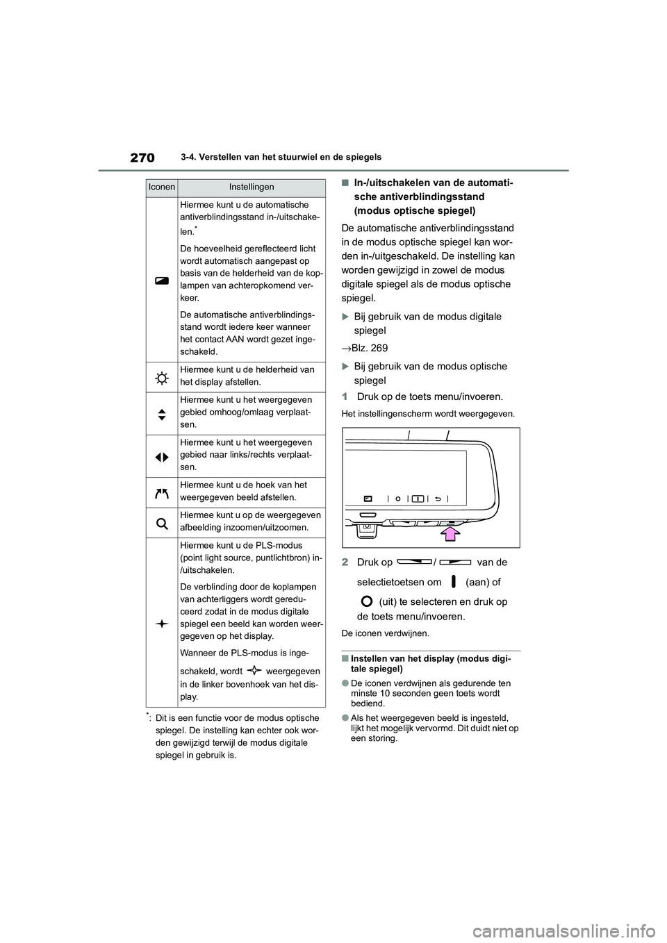 TOYOTA RAV4 HYBRID 2020 Instructieboekje (in Dutch) 2703-4. Verstellen van het stuurwiel en de spiegels
*: Dit is een functie voor de modus optische spiegel. De instelling kan echter ook wor-
den gewijzigd terwijl de modus digitale
spiegel in gebruik TOYOTA RAV4 HYBRID 2020 Instructieboekje (in Dutch) 2703-4. Verstellen van het stuurwiel en de spiegels
*: Dit is een functie voor de modus optische spiegel. De instelling kan echter ook wor-
den gewijzigd terwijl de modus digitale
spiegel in gebruik