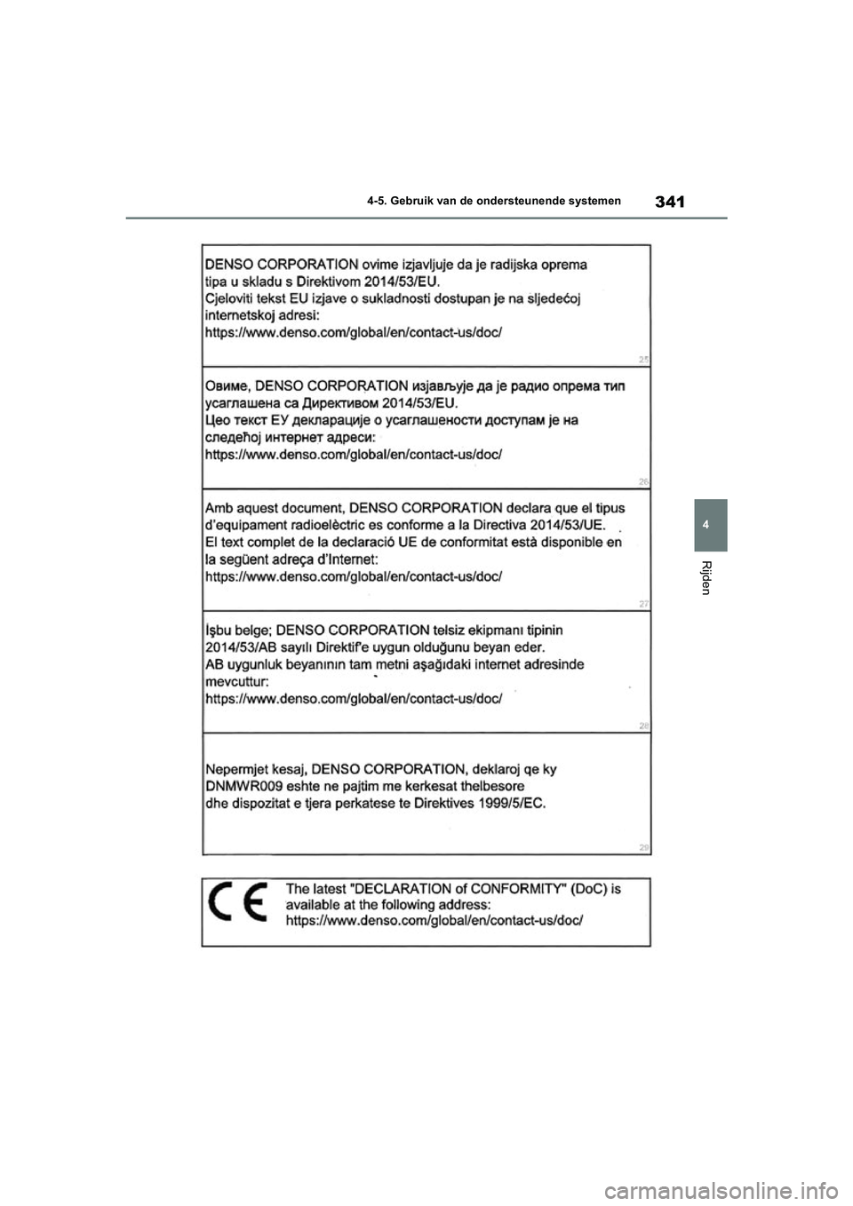 TOYOTA RAV4 HYBRID 2020 Instructieboekje (in Dutch) 341
4
4-5. Gebruik van de ondersteunende systemen
Rijden
pM_RAV4-HV_OM_OM42C86E_(EE).boo
k Page 341 Wednesday, October 9, 2019 11:15 AM TOYOTA RAV4 HYBRID 2020 Instructieboekje (in Dutch) 341
4
4-5. Gebruik van de ondersteunende systemen
Rijden
pM_RAV4-HV_OM_OM42C86E_(EE).boo
k Page 341 Wednesday, October 9, 2019 11:15 AM