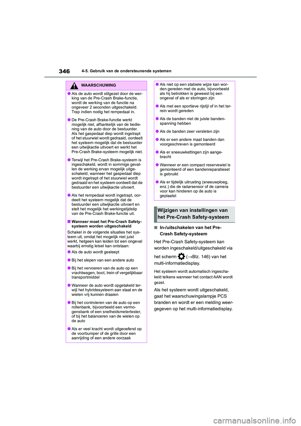 TOYOTA RAV4 HYBRID 2020 Instructieboekje (in Dutch) 3464-5. Gebruik van de ondersteunende systemen
■In-/uitschakelen van het Pre-
Crash Safety-systeem
Het Pre-Crash Safety-systeem kan
worden ingeschakeld/uitgeschakeld via
het scherm ( →Blz. 146 TOYOTA RAV4 HYBRID 2020 Instructieboekje (in Dutch) 3464-5. Gebruik van de ondersteunende systemen
■In-/uitschakelen van het Pre-
Crash Safety-systeem
Het Pre-Crash Safety-systeem kan
worden ingeschakeld/uitgeschakeld via
het scherm ( →Blz. 146