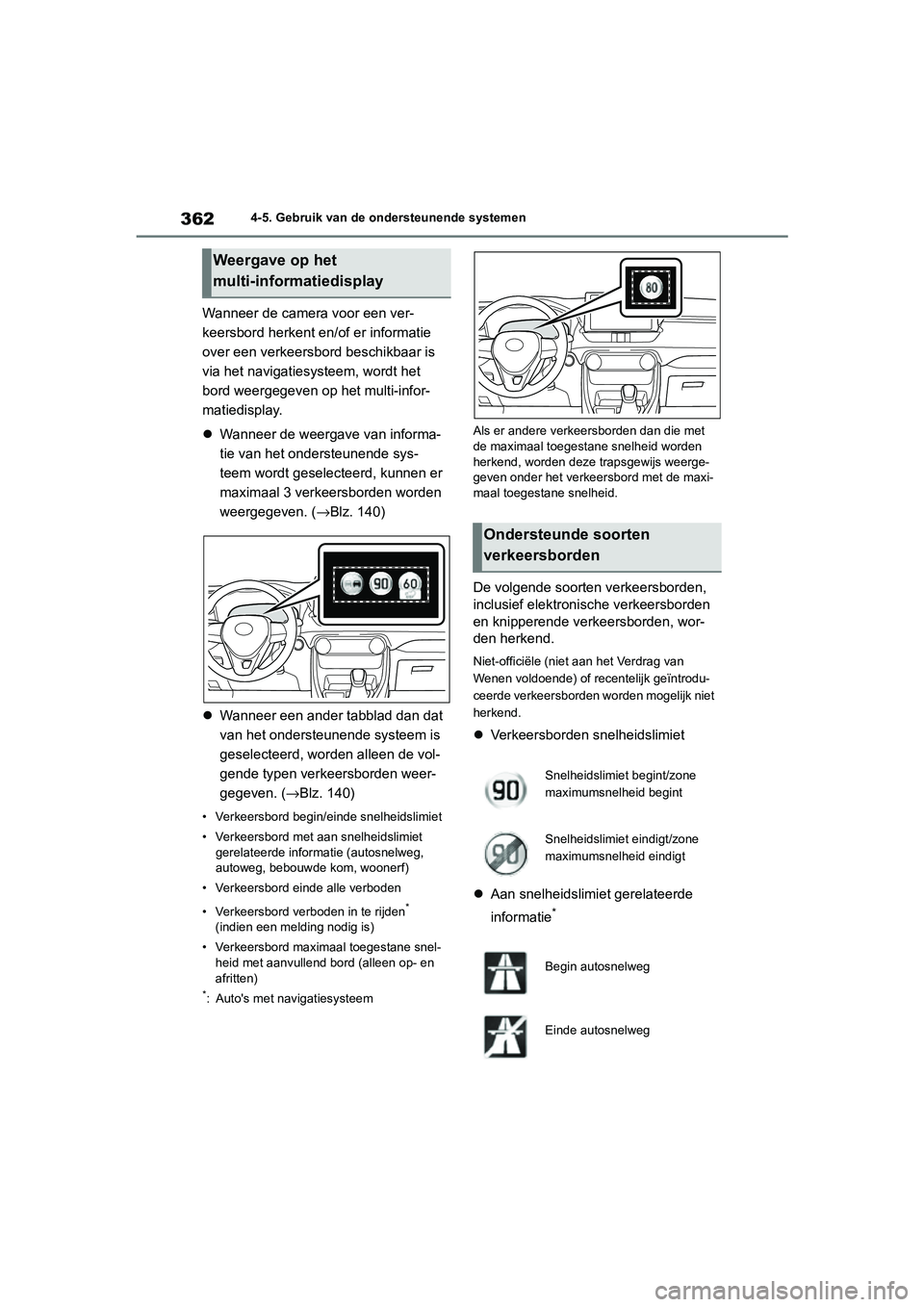 TOYOTA RAV4 HYBRID 2020 Instructieboekje (in Dutch) 3624-5. Gebruik van de ondersteunende systemen
Wanneer de camera voor een ver-
keersbord herkent en/of er informatie
over een verkeersbord beschikbaar is
via het navigatiesysteem, wordt het
bord we TOYOTA RAV4 HYBRID 2020 Instructieboekje (in Dutch) 3624-5. Gebruik van de ondersteunende systemen
Wanneer de camera voor een ver-
keersbord herkent en/of er informatie
over een verkeersbord beschikbaar is
via het navigatiesysteem, wordt het
bord we