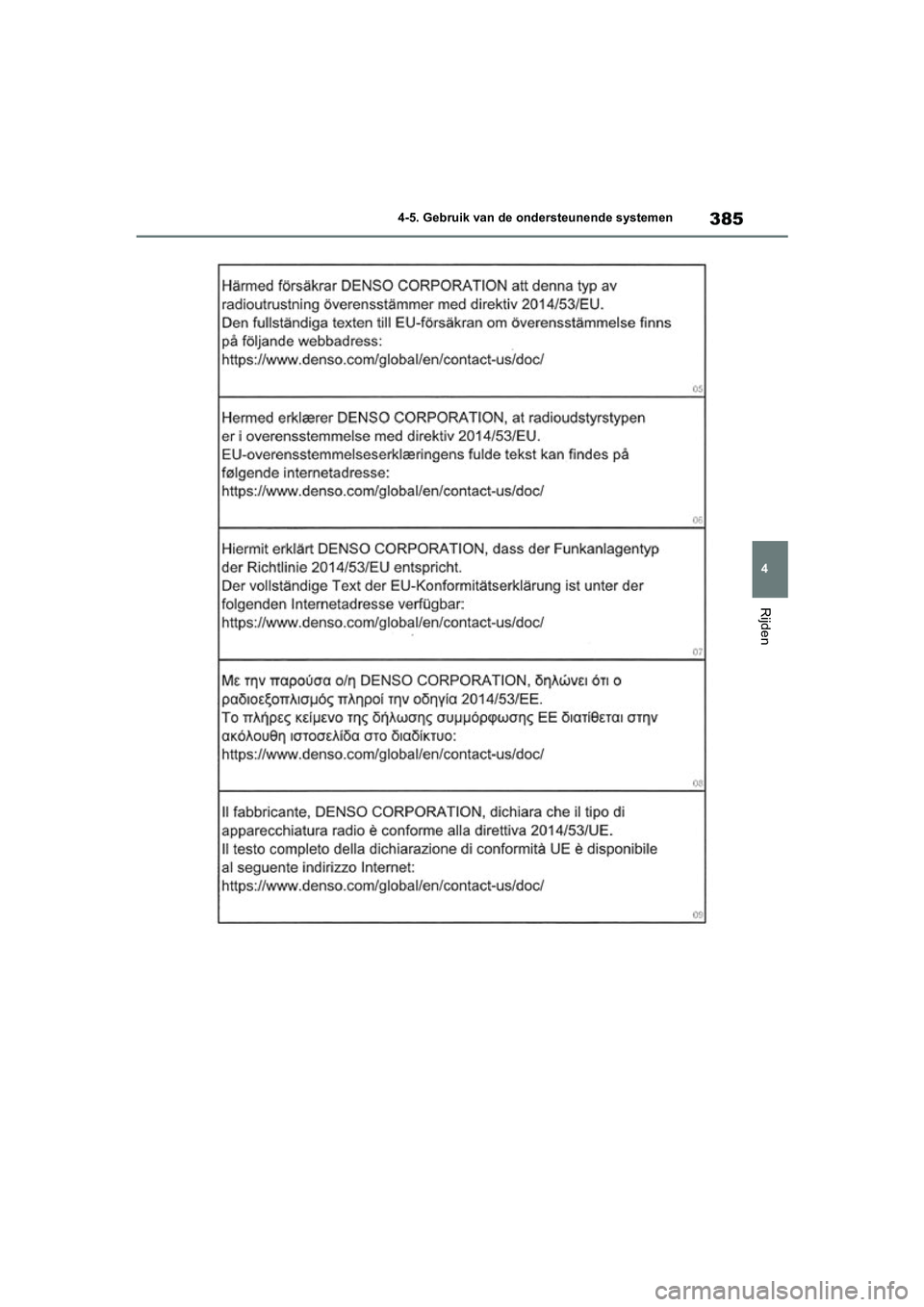 TOYOTA RAV4 HYBRID 2020 Instructieboekje (in Dutch) 385
4
4-5. Gebruik van de ondersteunende systemen
Rijden
pM_RAV4-HV_OM_OM42C86E_(EE).boo
k Page 385 Wednesday, October 9, 2019 11:15 AM TOYOTA RAV4 HYBRID 2020 Instructieboekje (in Dutch) 385
4
4-5. Gebruik van de ondersteunende systemen
Rijden
pM_RAV4-HV_OM_OM42C86E_(EE).boo
k Page 385 Wednesday, October 9, 2019 11:15 AM