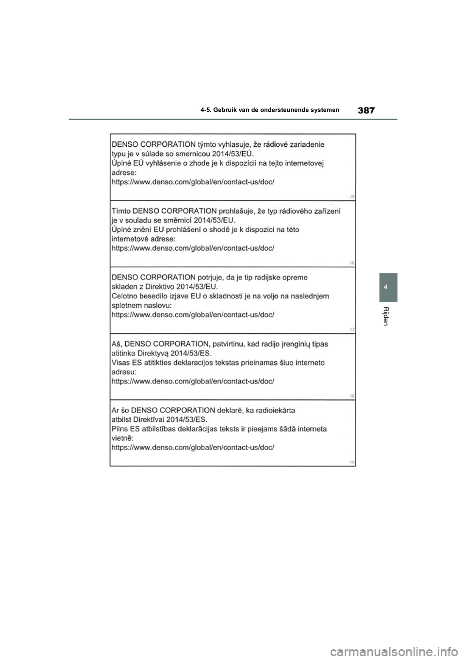 TOYOTA RAV4 HYBRID 2020 Instructieboekje (in Dutch) 387
4
4-5. Gebruik van de ondersteunende systemen
Rijden
pM_RAV4-HV_OM_OM42C86E_(EE).boo
k Page 387 Wednesday, October 9, 2019 11:15 AM TOYOTA RAV4 HYBRID 2020 Instructieboekje (in Dutch) 387
4
4-5. Gebruik van de ondersteunende systemen
Rijden
pM_RAV4-HV_OM_OM42C86E_(EE).boo
k Page 387 Wednesday, October 9, 2019 11:15 AM