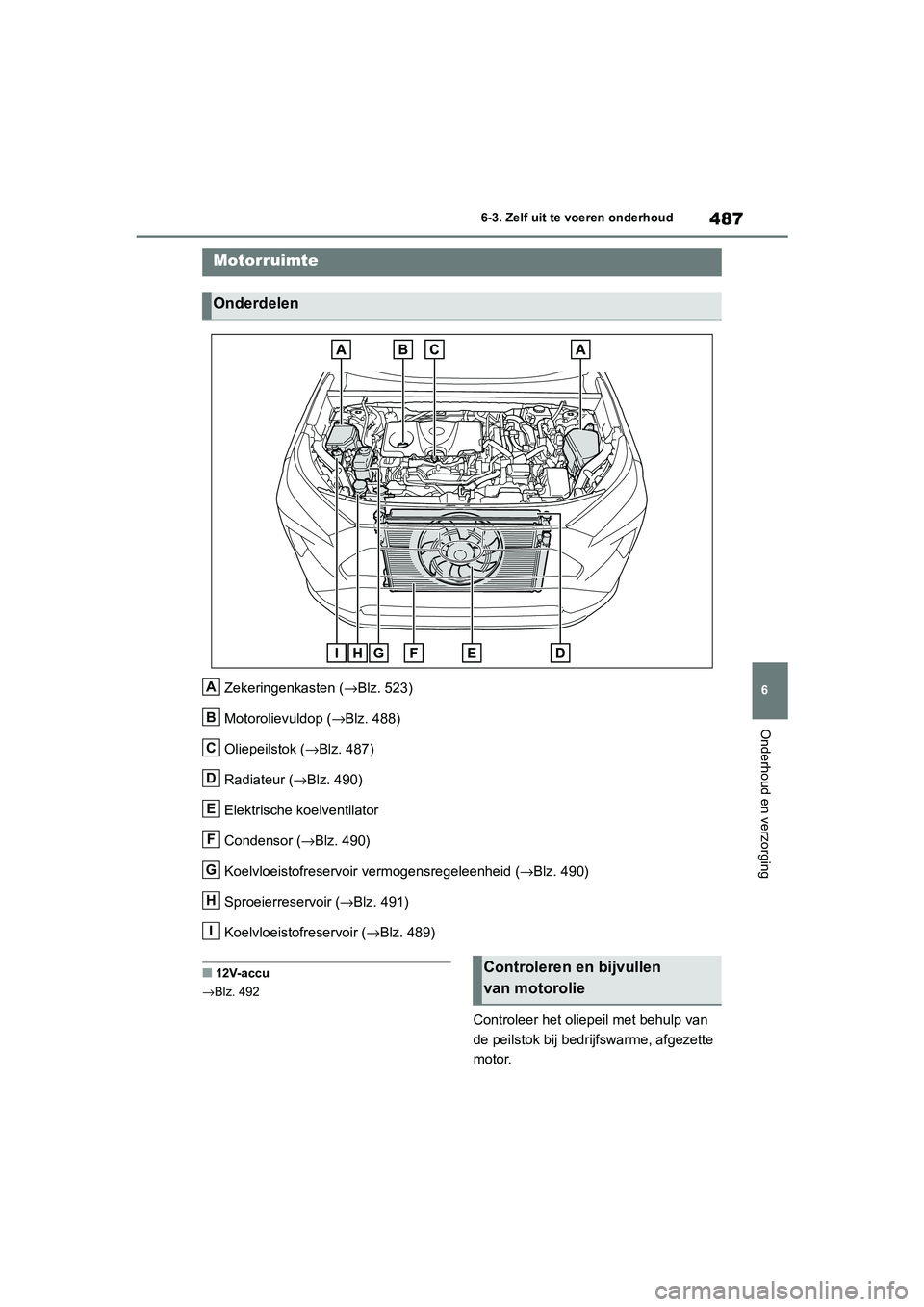 TOYOTA RAV4 HYBRID 2020 Instructieboekje (in Dutch) 487
6
6-3. Zelf uit te voeren onderhoud
Onderhoud en verzorging
Zekeringenkasten (
→Blz. 523)
Motorolievuldop ( →Blz. 488)
Oliepeilstok ( →Blz. 487)
Radiateur (→ Blz. 490)
Elektrische koelvent TOYOTA RAV4 HYBRID 2020 Instructieboekje (in Dutch) 487
6
6-3. Zelf uit te voeren onderhoud
Onderhoud en verzorging
Zekeringenkasten (
→Blz. 523)
Motorolievuldop ( →Blz. 488)
Oliepeilstok ( →Blz. 487)
Radiateur (→ Blz. 490)
Elektrische koelvent