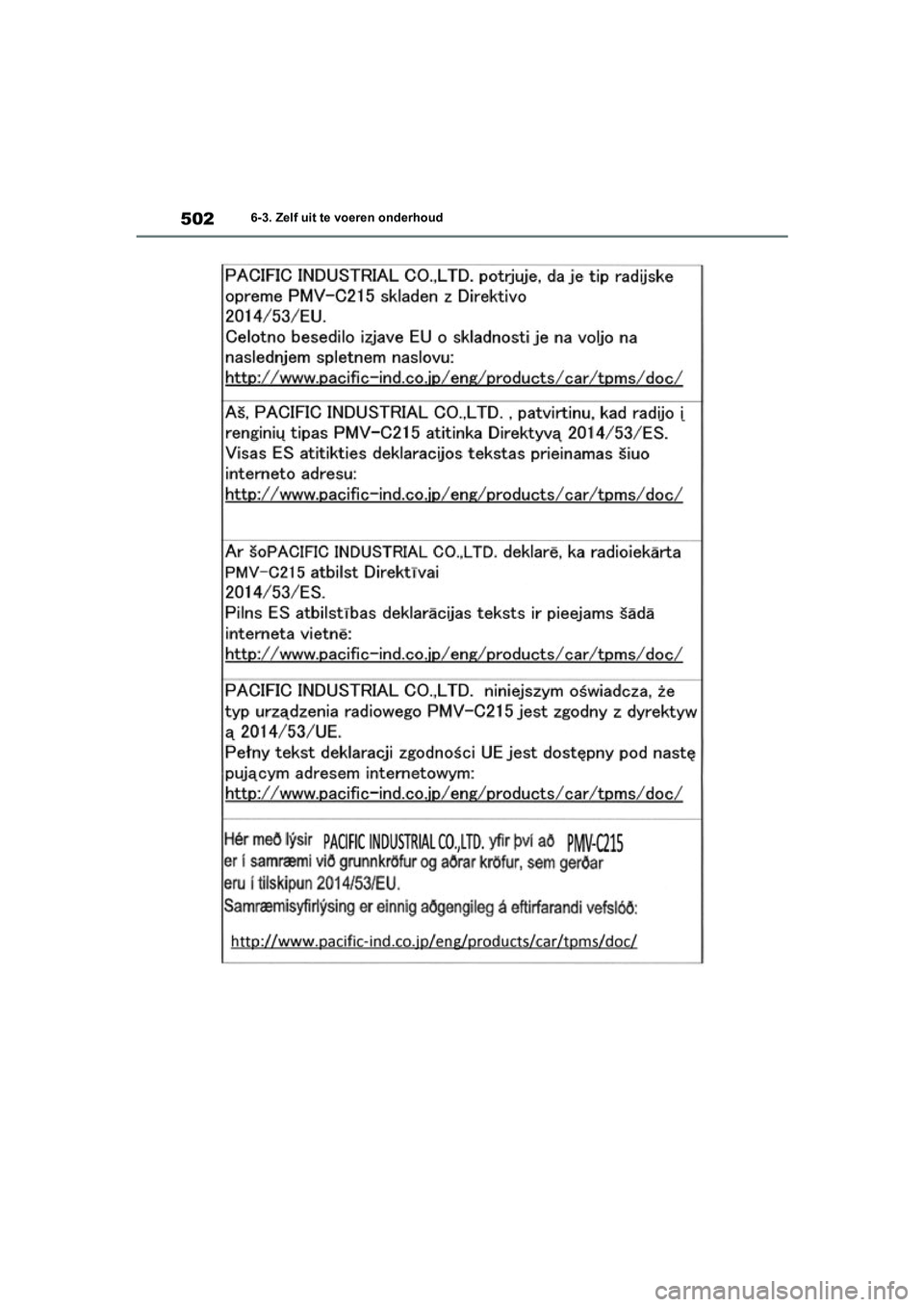 TOYOTA RAV4 HYBRID 2020 Instructieboekje (in Dutch) 5026-3. Zelf uit te voeren onderhoud
pM_RAV4-HV_OM_OM42C86E_(EE).book Page 502 Wednesday, October 9, 2019 11:15 AM TOYOTA RAV4 HYBRID 2020 Instructieboekje (in Dutch) 5026-3. Zelf uit te voeren onderhoud
pM_RAV4-HV_OM_OM42C86E_(EE).book Page 502 Wednesday, October 9, 2019 11:15 AM