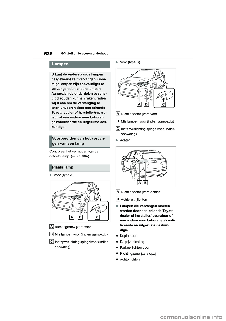 TOYOTA RAV4 HYBRID 2020 Instructieboekje (in Dutch) 5266-3. Zelf uit te voeren onderhoud
Controleer het vermogen van de
defecte lamp. ( →Blz. 604)
Voor (type A)
Richtingaanwijzers voor
Mistlampen voor (indien aanwezig)
Instapverlichting spiegelvo TOYOTA RAV4 HYBRID 2020 Instructieboekje (in Dutch) 5266-3. Zelf uit te voeren onderhoud
Controleer het vermogen van de
defecte lamp. ( →Blz. 604)
Voor (type A)
Richtingaanwijzers voor
Mistlampen voor (indien aanwezig)
Instapverlichting spiegelvo