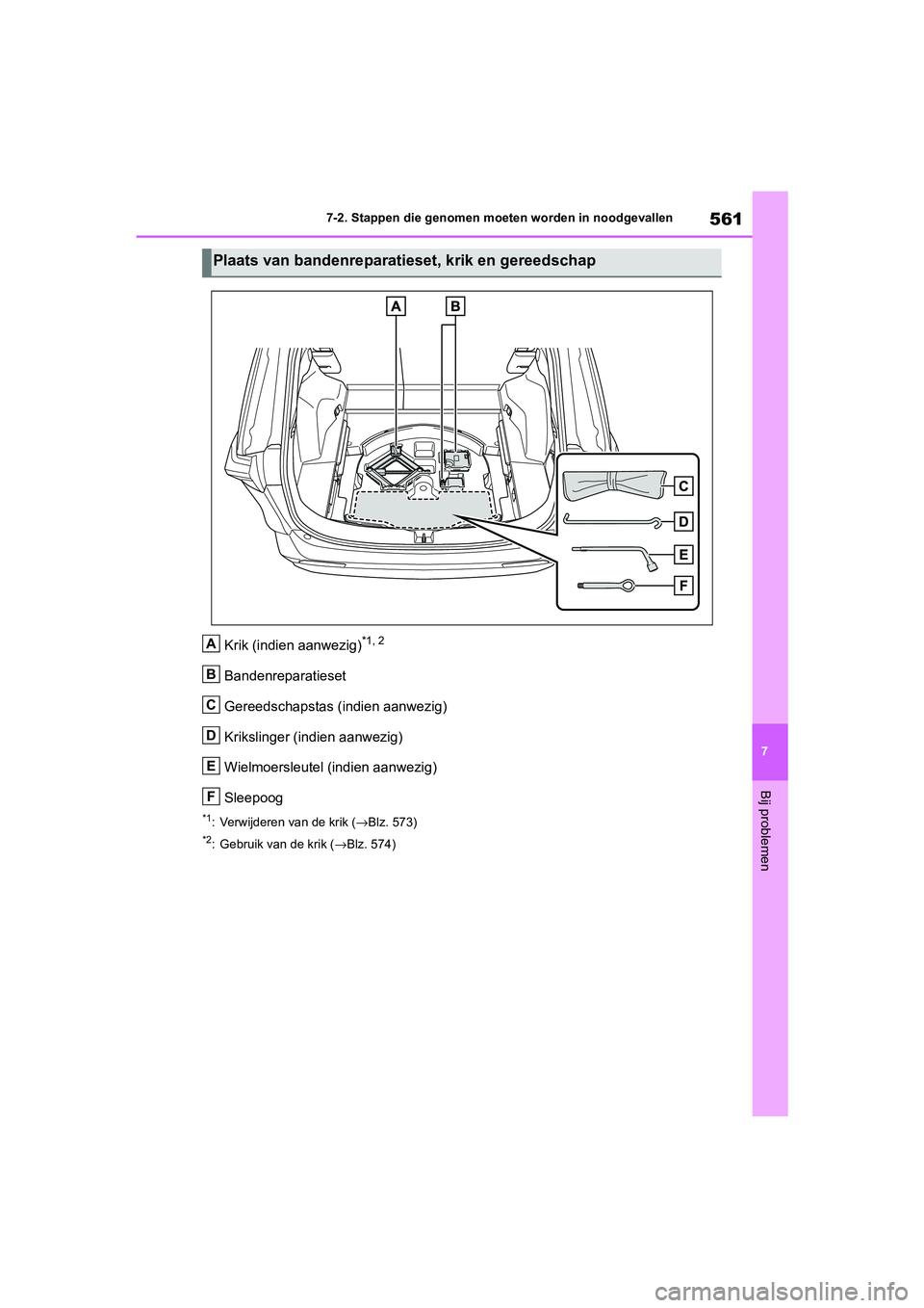TOYOTA RAV4 HYBRID 2020 Instructieboekje (in Dutch) 561
7
7-2. Stappen die genomen moeten worden in noodgevallen
Bij problemen
Krik (indien aanwezig)*1, 2
Bandenreparatieset
Gereedschapstas (indien aanwezig)
Krikslinger (indien aanwezig)
Wielmoersleute TOYOTA RAV4 HYBRID 2020 Instructieboekje (in Dutch) 561
7
7-2. Stappen die genomen moeten worden in noodgevallen
Bij problemen
Krik (indien aanwezig)*1, 2
Bandenreparatieset
Gereedschapstas (indien aanwezig)
Krikslinger (indien aanwezig)
Wielmoersleute