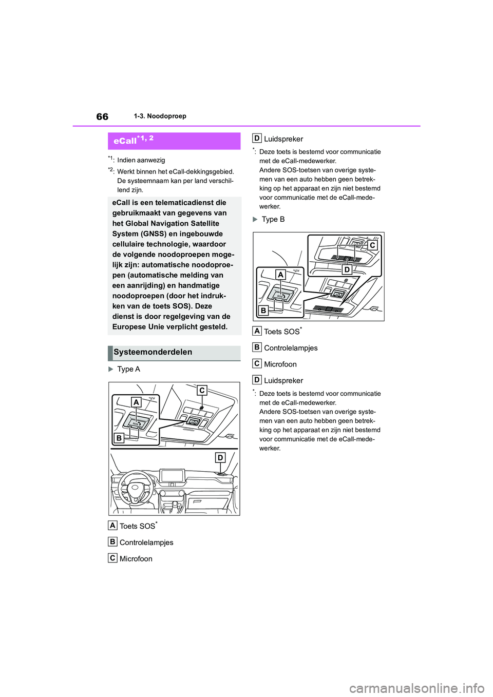 TOYOTA RAV4 HYBRID 2020  Instructieboekje (in Dutch) 661-3. Noodoproep
1-3.Noodoproep
*1: Indien aanwezig
*2: Werkt binnen het eCall-dekkingsgebied. De systeemnaam kan per land verschil-
lend zijn.

Type A Toets SOS
*
Controlelampjes
Microfoon Luidsp