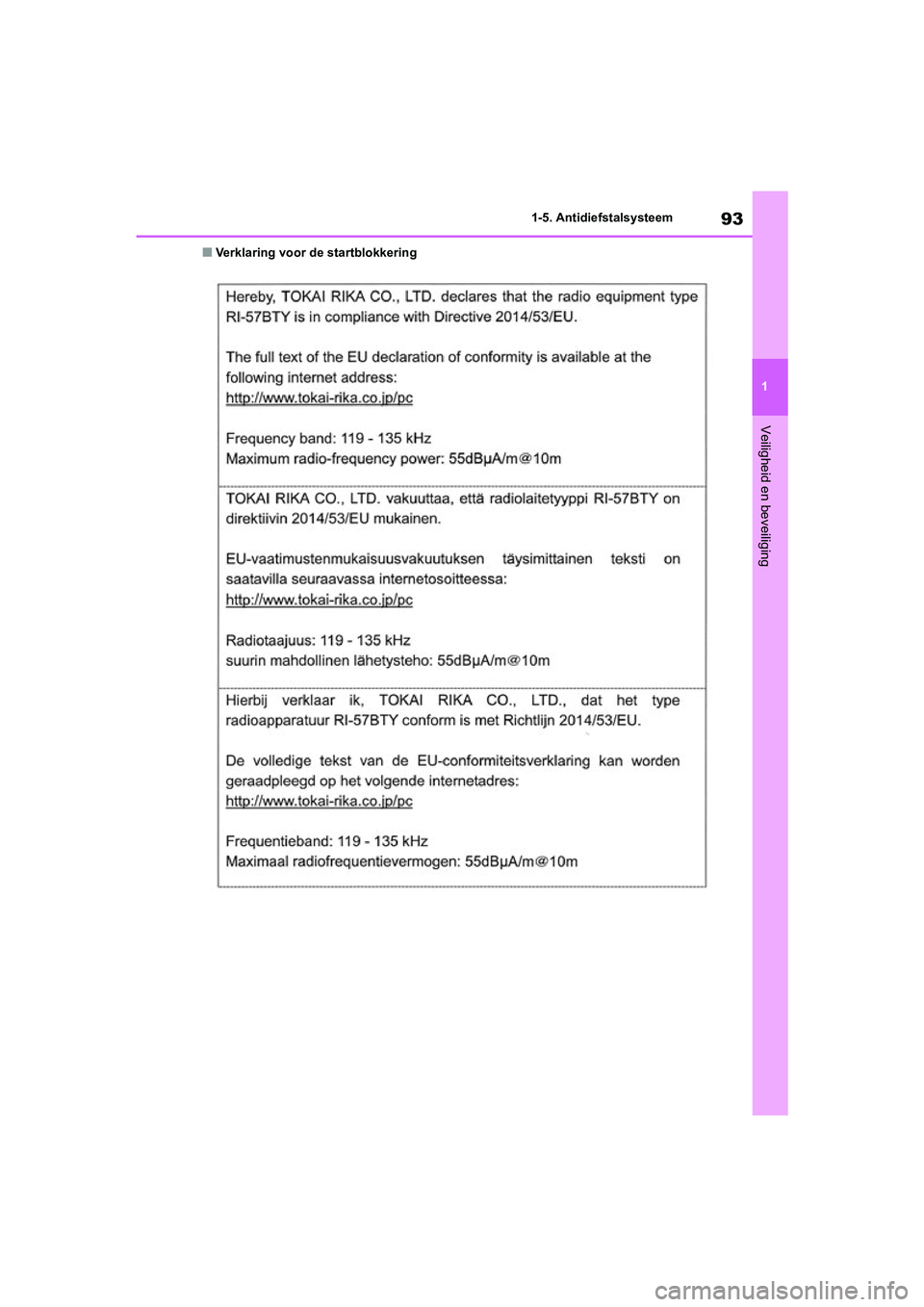 TOYOTA RAV4 HYBRID 2020  Instructieboekje (in Dutch) 93
1
1-5. Antidiefstalsysteem
Veiligheid en beveiliging
■Verklaring voor de startblokkering
pM_RAV4-HV_OM_OM42C86E_(EE).boo
k  Page 93  Wednesday, October 9, 2019  11:15 AM 