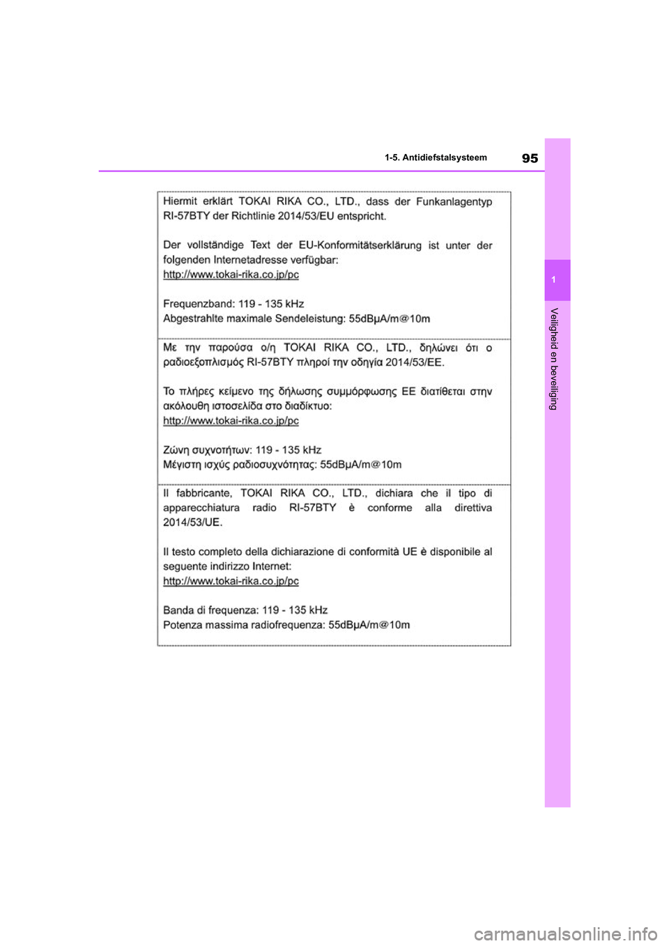 TOYOTA RAV4 HYBRID 2020  Instructieboekje (in Dutch) 95
1
1-5. Antidiefstalsysteem
Veiligheid en beveiliging
pM_RAV4-HV_OM_OM42C86E_(EE).boo
k  Page 95  Wednesday, October 9, 2019  11:15 AM 