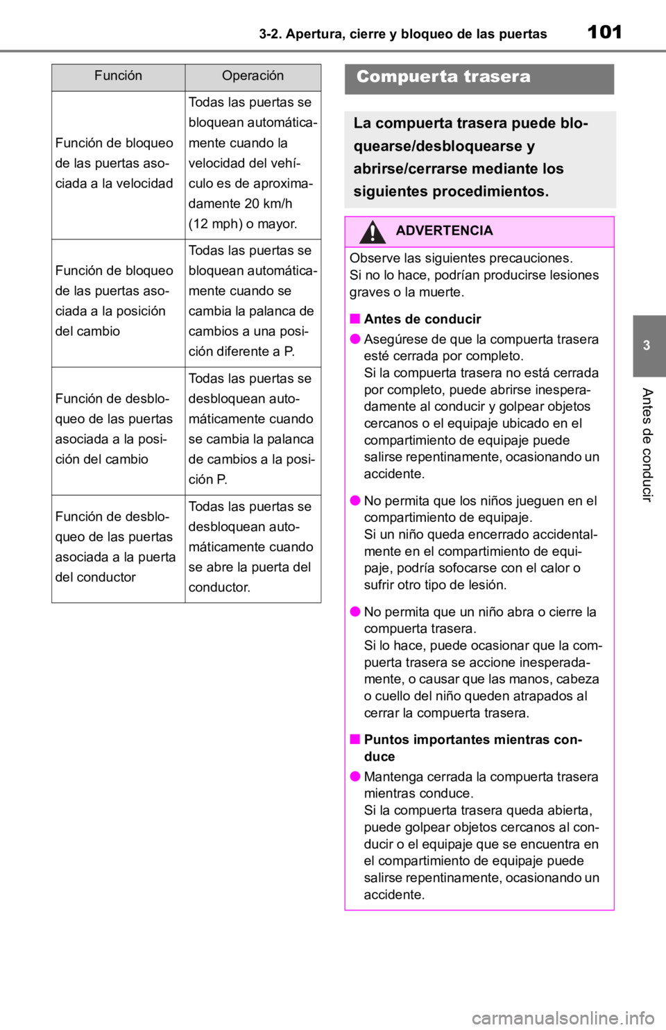 TOYOTA RAV4 HYBRID 2019  Manual del propietario (in Spanish) 1013-2. Apertura, cierre y bloqueo de las puertas
3
Antes de conducir
FunciónOperación
Función de bloqueo 
de las puertas aso-
ciada a la velocidad
Todas las puertas se 
bloquean automática-
mente