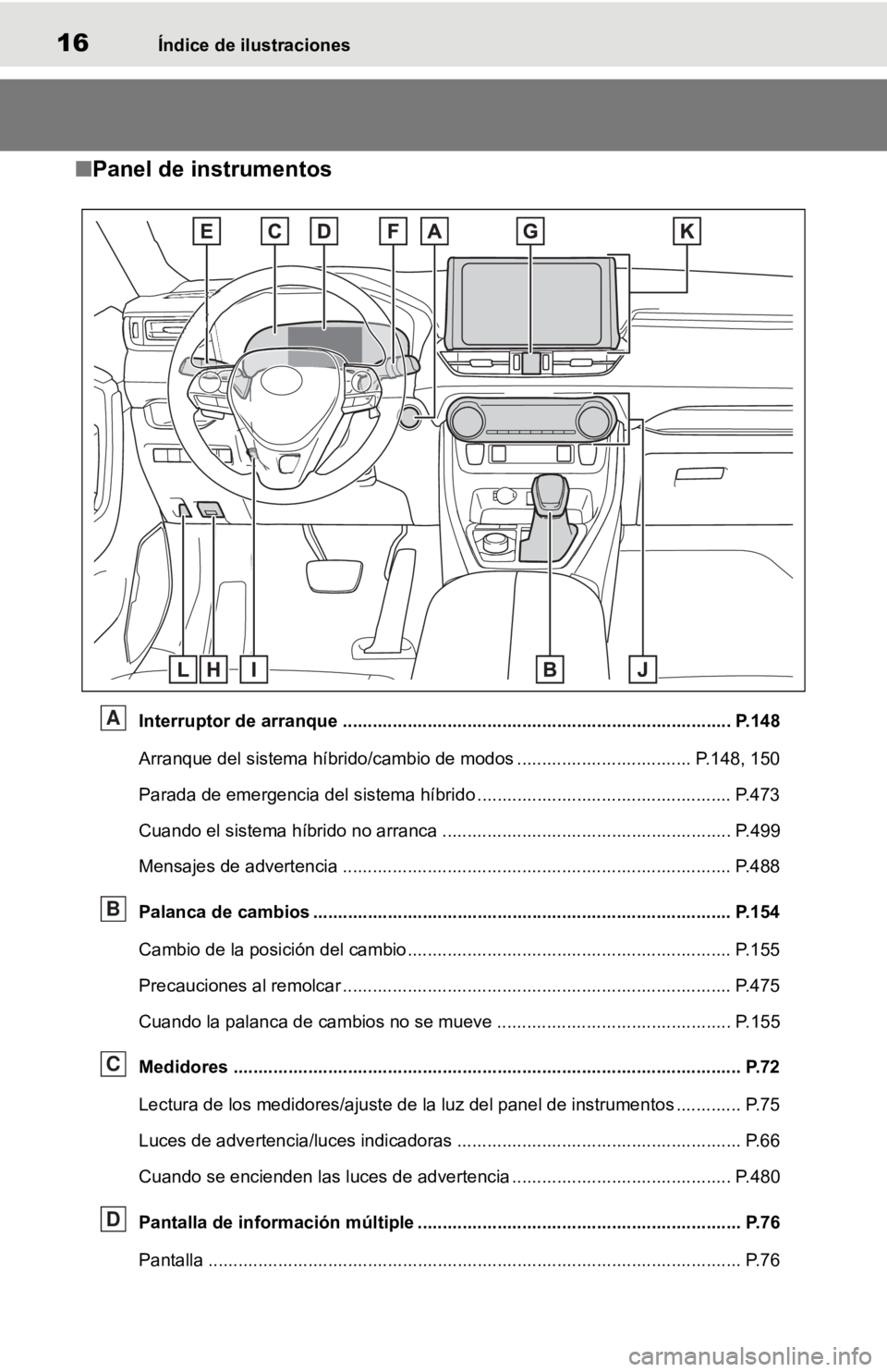 TOYOTA RAV4 HYBRID 2019  Manual del propietario (in Spanish) 16Índice de ilustraciones
■Panel de instrumentos
Interruptor de arranque ........................................ ...................................... P.148
Arranque del sistema híbrido/cambio d