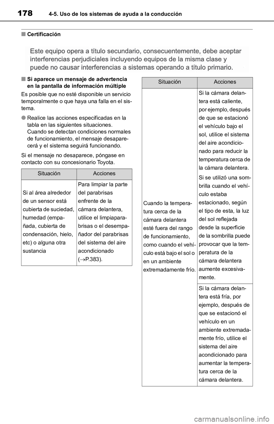TOYOTA RAV4 HYBRID 2019 Manual del propietario (in Spanish) 1784-5. Uso de los sistemas de ayuda a la conducción
■Certificación
■Si aparece un mensaje de advertencia
en la pantalla de información múltiple
Es posible que no esté disponible un servicio TOYOTA RAV4 HYBRID 2019 Manual del propietario (in Spanish) 1784-5. Uso de los sistemas de ayuda a la conducción
■Certificación
■Si aparece un mensaje de advertencia
en la pantalla de información múltiple
Es posible que no esté disponible un servicio