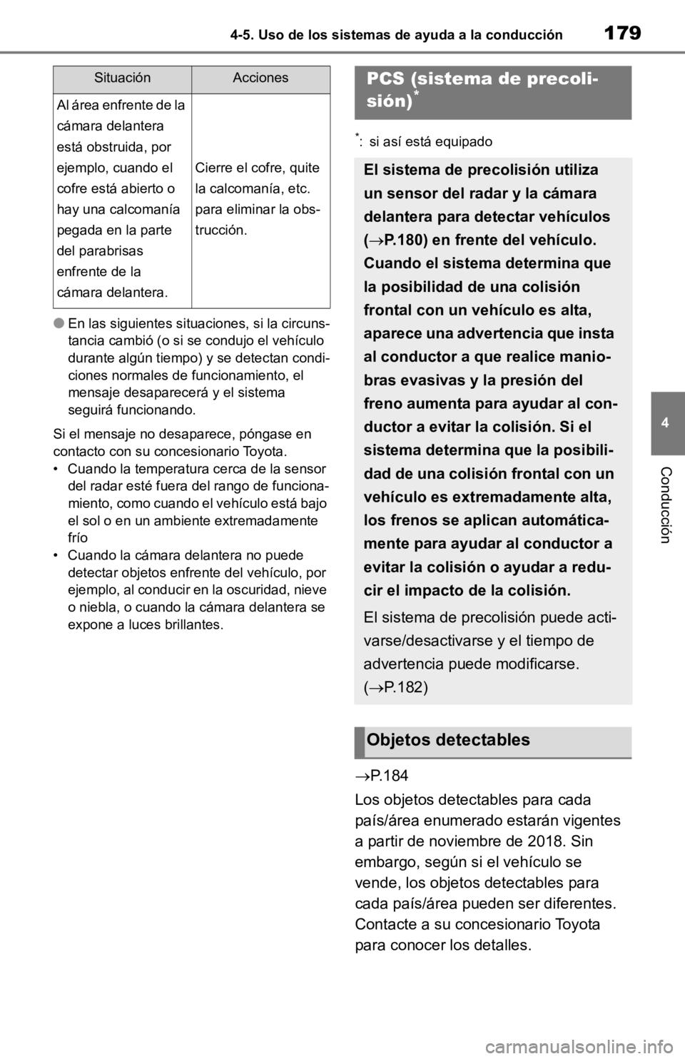 TOYOTA RAV4 HYBRID 2019 Manual del propietario (in Spanish) 1794-5. Uso de los sistemas de ayuda a la conducción
4
Conducción
●En las siguientes situaciones, si la circuns-
tancia cambió (o si se condujo el vehículo
durante algún tiempo) y se detectan TOYOTA RAV4 HYBRID 2019 Manual del propietario (in Spanish) 1794-5. Uso de los sistemas de ayuda a la conducción
4
Conducción
●En las siguientes situaciones, si la circuns-
tancia cambió (o si se condujo el vehículo
durante algún tiempo) y se detectan