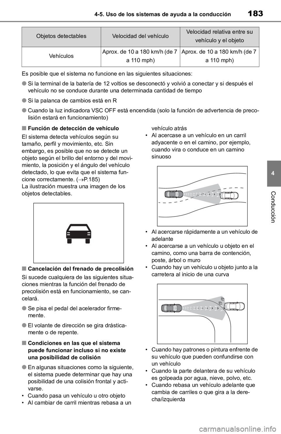 TOYOTA RAV4 HYBRID 2019 Manual del propietario (in Spanish) 1834-5. Uso de los sistemas de ayuda a la conducción
4
Conducción
Es posible que el sistema no funcione en las siguientes situaciones:
●Si la terminal de la batería de 12 voltios se desconectó y TOYOTA RAV4 HYBRID 2019 Manual del propietario (in Spanish) 1834-5. Uso de los sistemas de ayuda a la conducción
4
Conducción
Es posible que el sistema no funcione en las siguientes situaciones:
●Si la terminal de la batería de 12 voltios se desconectó y