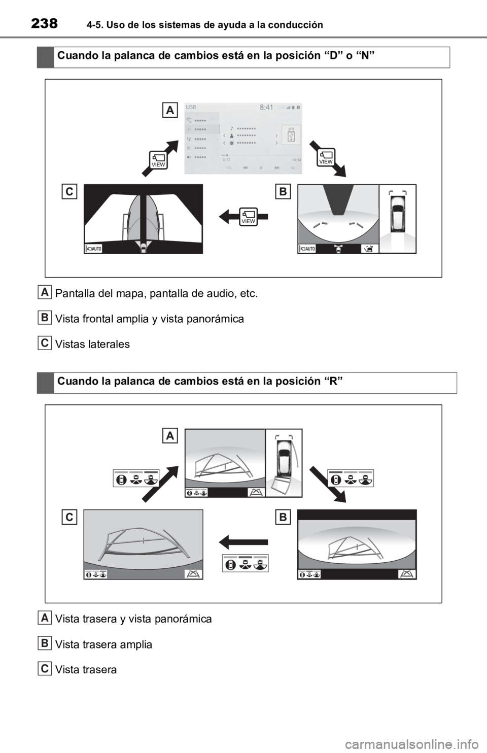 TOYOTA RAV4 HYBRID 2019 Manual del propietario (in Spanish) 2384-5. Uso de los sistemas de ayuda a la conducción
Pantalla del mapa, pantalla de audio, etc.
Vista frontal amplia y vista panorámica
Vistas laterales
Vista trasera y vista panorámica
Vista trase TOYOTA RAV4 HYBRID 2019 Manual del propietario (in Spanish) 2384-5. Uso de los sistemas de ayuda a la conducción
Pantalla del mapa, pantalla de audio, etc.
Vista frontal amplia y vista panorámica
Vistas laterales
Vista trasera y vista panorámica
Vista trase
