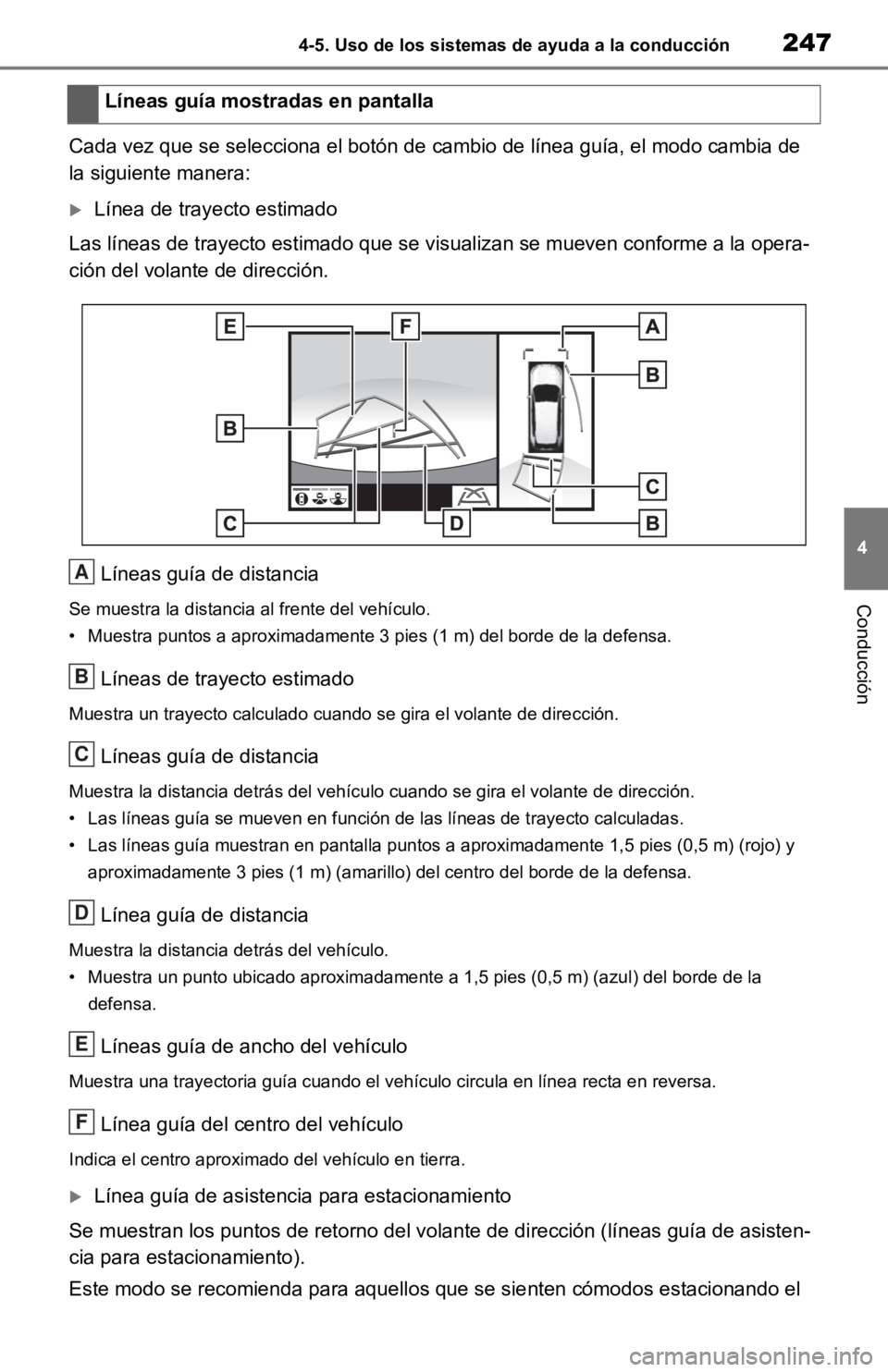 TOYOTA RAV4 HYBRID 2019 Manual del propietario (in Spanish) 2474-5. Uso de los sistemas de ayuda a la conducción
4
Conducción
Cada vez que se selecciona el botón de cambio de línea guía, el modo cambia de
la siguiente manera:
Línea de trayecto estima TOYOTA RAV4 HYBRID 2019 Manual del propietario (in Spanish) 2474-5. Uso de los sistemas de ayuda a la conducción
4
Conducción
Cada vez que se selecciona el botón de cambio de línea guía, el modo cambia de
la siguiente manera:
Línea de trayecto estima