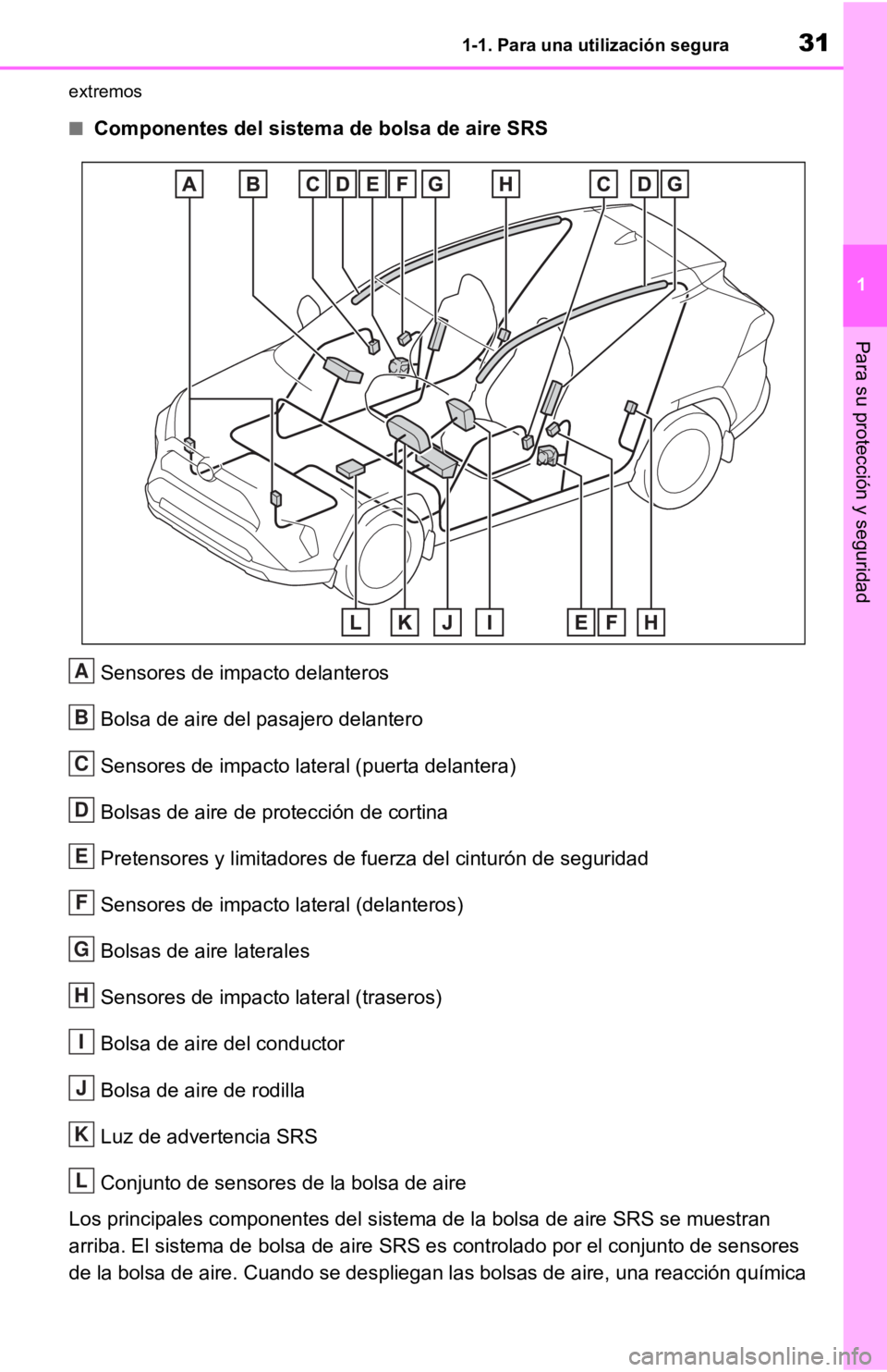 TOYOTA RAV4 HYBRID 2019  Manual del propietario (in Spanish) 311-1. Para una utilización segura
1
Para su protección y seguridad
extremos
■Componentes del sistema de bolsa de aire SRS
Sensores de impacto delanteros
Bolsa de aire del pasajero delantero
Senso