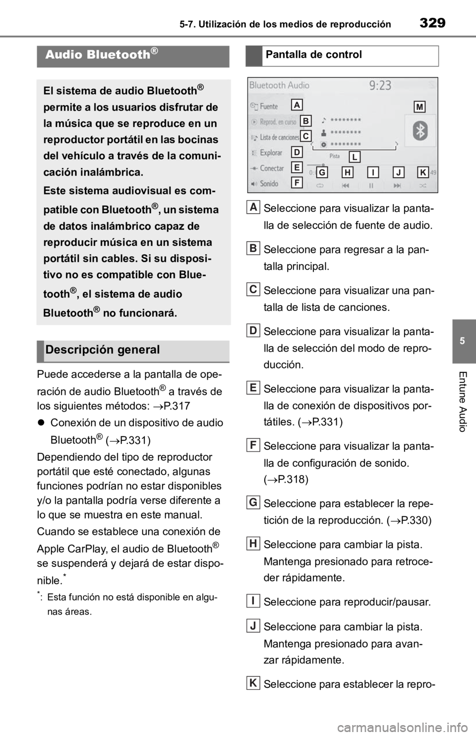 TOYOTA RAV4 HYBRID 2019 Manual del propietario (in Spanish) 3295-7. Utilización de los medios de reproducción
5
Entune AudioPuede accederse a la pantalla de ope-
ración de audio Bluetooth
® a través de
los siguientes métodos: P. 3 1 7
Conexión d TOYOTA RAV4 HYBRID 2019 Manual del propietario (in Spanish) 3295-7. Utilización de los medios de reproducción
5
Entune AudioPuede accederse a la pantalla de ope-
ración de audio Bluetooth
® a través de
los siguientes métodos: P. 3 1 7
Conexión d