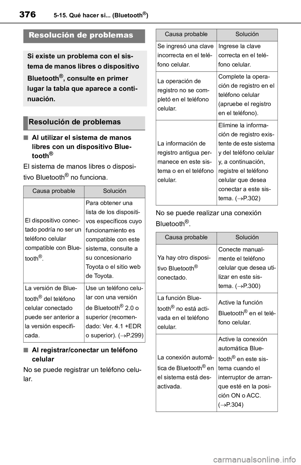 TOYOTA RAV4 HYBRID 2019  Manual del propietario (in Spanish) 3765-15. Qué hacer si... (Bluetooth®)
5-15.Qué hacer si... (Bluetooth®)
■Al utilizar el sistema de manos 
libres con un dispositivo Blue-
tooth
®
El sistema de manos  libres o disposi-
tivo Blu