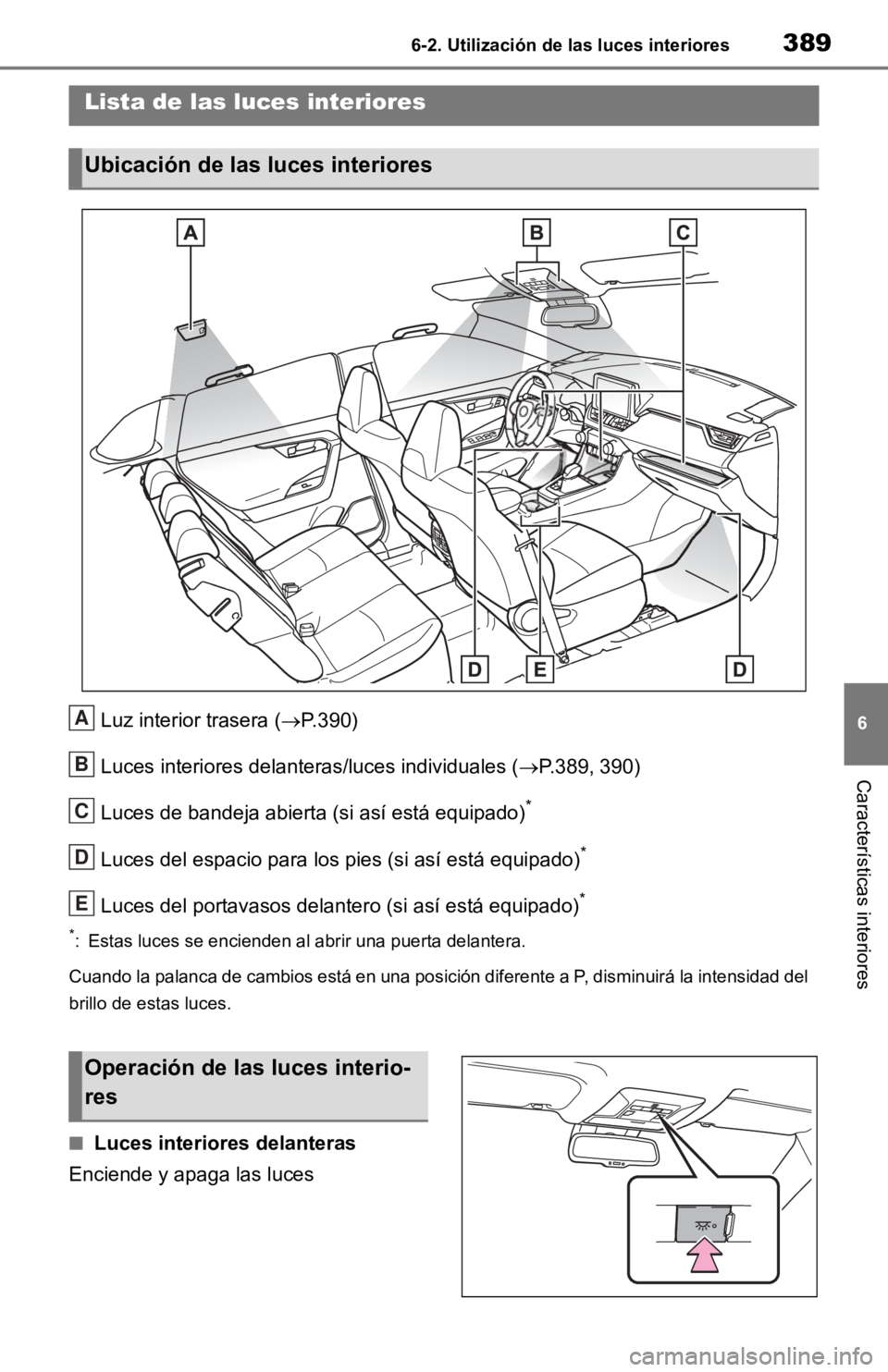 TOYOTA RAV4 HYBRID 2019 Manual del propietario (in Spanish) 3896-2. Utilización de las luces interiores
6
Características interiores
6-2.Utilización de las luces interiores
Luz interior trasera (P.390)
Luces interiores delanteras/luces individuales ( TOYOTA RAV4 HYBRID 2019 Manual del propietario (in Spanish) 3896-2. Utilización de las luces interiores
6
Características interiores
6-2.Utilización de las luces interiores
Luz interior trasera (P.390)
Luces interiores delanteras/luces individuales ( 