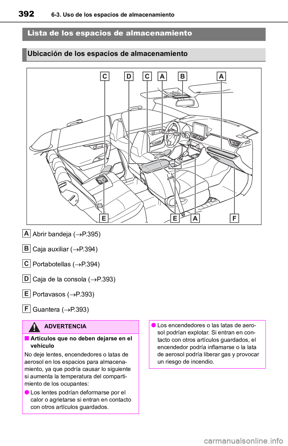 TOYOTA RAV4 HYBRID 2019  Manual del propietario (in Spanish) 3926-3. Uso de los espacios de almacenamiento
6-3.Uso de los espacios de almacenamiento
Abrir bandeja (P.395)
Caja auxiliar ( P.394)
Portabotellas ( P.394)
Caja de la consola ( P.393)
Port