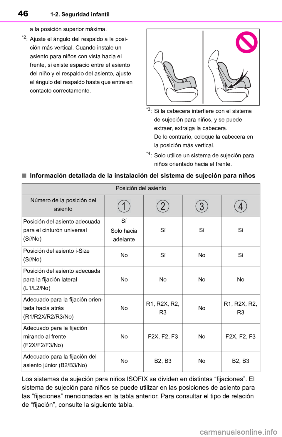 TOYOTA RAV4 HYBRID 2019  Manual del propietario (in Spanish) 461-2. Seguridad infantil
a la posición superior máxima.
*2: Ajuste el ángulo del respaldo a la posi-ción más vertical. Cuando instale un 
asiento para niños con vista hacia el 
frente, si exist