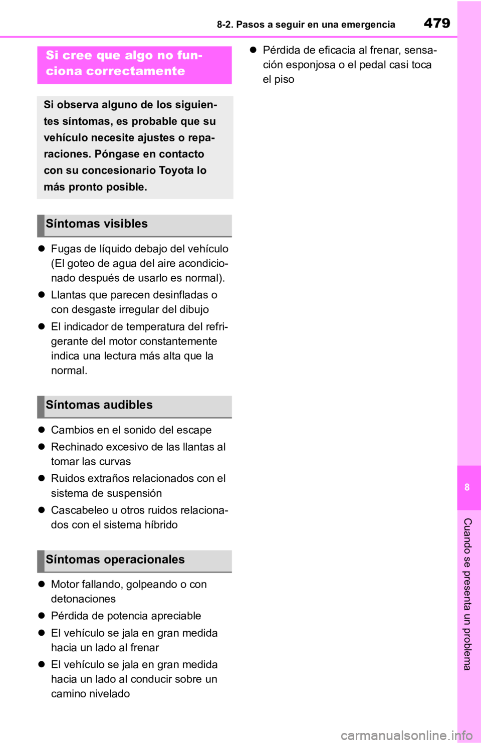 TOYOTA RAV4 HYBRID 2019  Manual del propietario (in Spanish) 4798-2. Pasos a seguir en una emergencia
8
Cuando se presenta un problema
Fugas de líquido debajo del vehículo
(El goteo de agua del aire acondicio-
nado después de usarlo es normal).
 Llanta