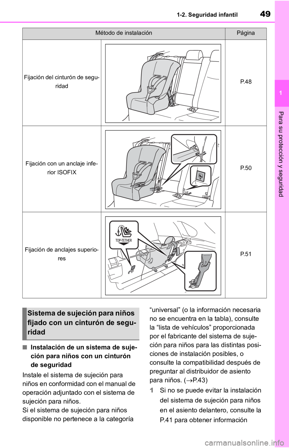 TOYOTA RAV4 HYBRID 2019  Manual del propietario (in Spanish) 491-2. Seguridad infantil
1
Para su protección y seguridad
■Instalación de un sistema de suje-
ción para niños con un cinturón 
de seguridad
Instale el sistema de sujeción para 
niños en conf