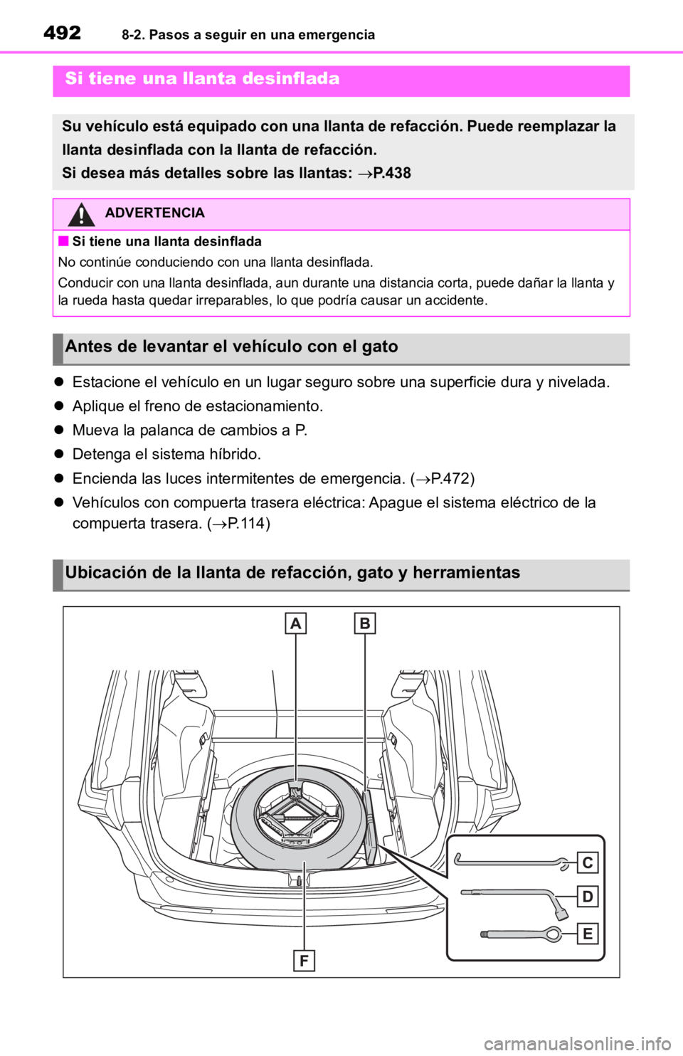 TOYOTA RAV4 HYBRID 2019 Manual del propietario (in Spanish) 4928-2. Pasos a seguir en una emergencia
Estacione el vehículo en un luga r seguro sobre una superficie dura y nivelada.
Aplique el freno de estacionamiento.
Mueva la palanca de cambios a TOYOTA RAV4 HYBRID 2019 Manual del propietario (in Spanish) 4928-2. Pasos a seguir en una emergencia
Estacione el vehículo en un luga r seguro sobre una superficie dura y nivelada.
Aplique el freno de estacionamiento.
Mueva la palanca de cambios a