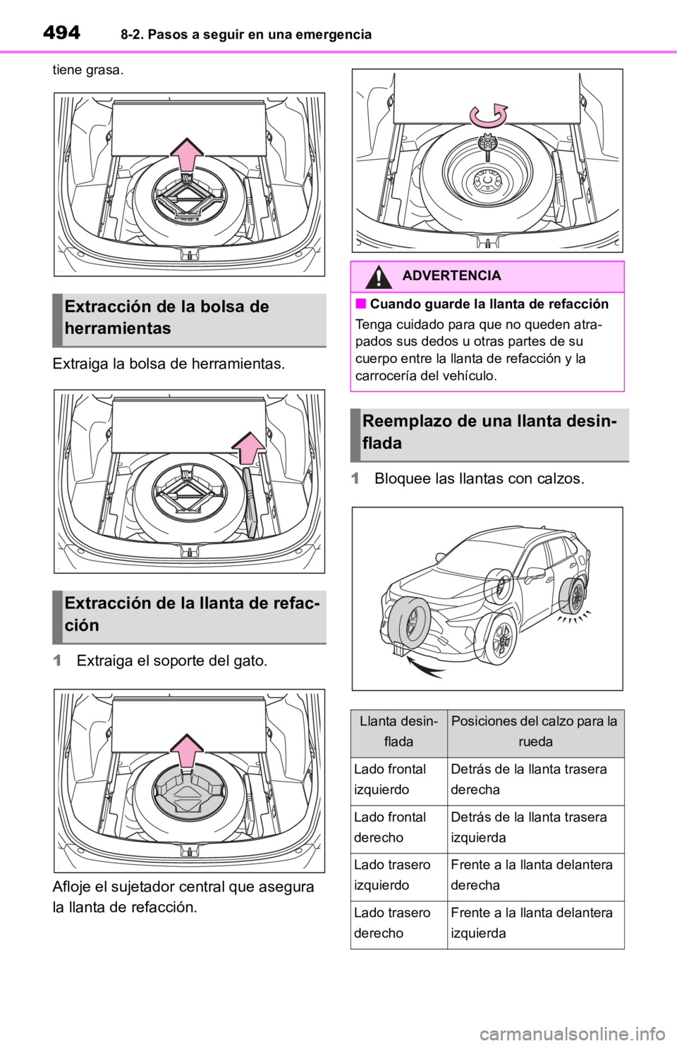 TOYOTA RAV4 HYBRID 2019 Manual del propietario (in Spanish) 4948-2. Pasos a seguir en una emergencia
tiene grasa.
Extraiga la bolsa de herramientas.
1Extraiga el soporte del gato.
Afloje el sujetador central que asegura
la llanta de refacción. 1
Bloquee las TOYOTA RAV4 HYBRID 2019 Manual del propietario (in Spanish) 4948-2. Pasos a seguir en una emergencia
tiene grasa.
Extraiga la bolsa de herramientas.
1Extraiga el soporte del gato.
Afloje el sujetador central que asegura
la llanta de refacción. 1
Bloquee las