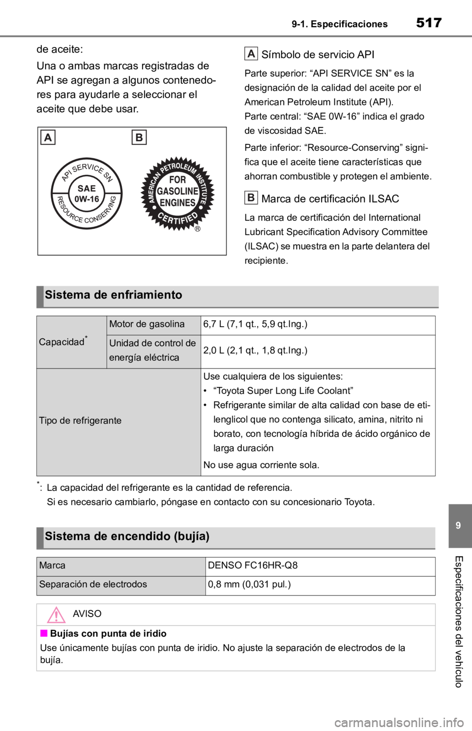 TOYOTA RAV4 HYBRID 2019  Manual del propietario (in Spanish) 5179-1. Especificaciones
9
Especificaciones del vehículo
de aceite:
Una o ambas marcas registradas de 
API se agregan a algunos contenedo-
res para ayudarle a seleccionar el 
aceite que debe usar. S