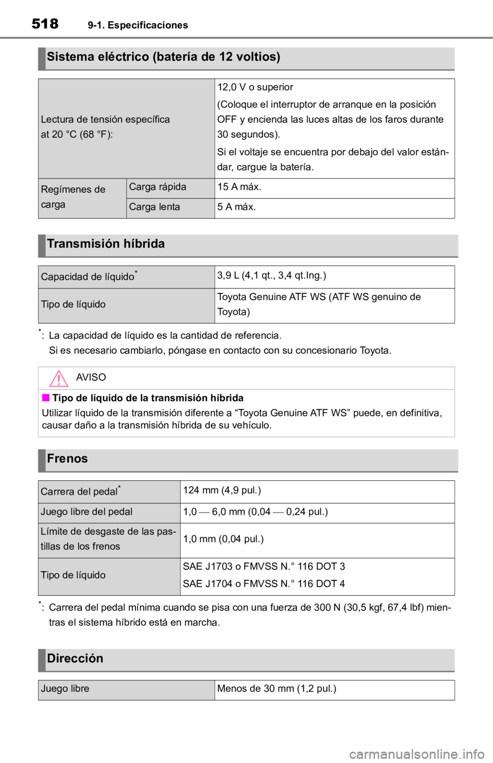 TOYOTA RAV4 HYBRID 2019  Manual del propietario (in Spanish) 5189-1. Especificaciones
*: La capacidad de líquido es la cantidad de referencia.
Si es necesario cambiarlo, póngase en contacto con su concesionario Toyota.
*: Carrera del pedal mínima cuando se p