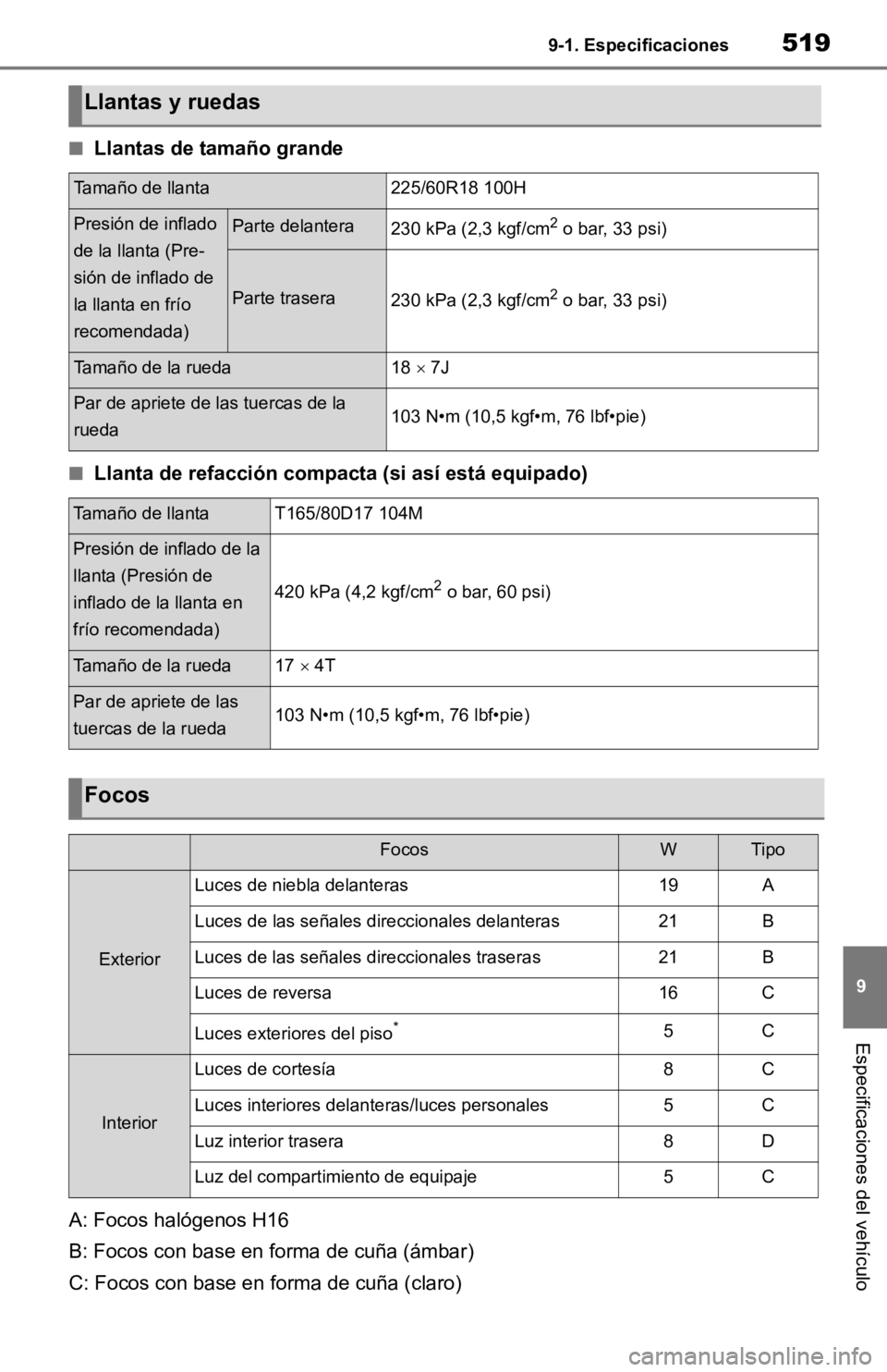 TOYOTA RAV4 HYBRID 2019  Manual del propietario (in Spanish) 5199-1. Especificaciones
9
Especificaciones del vehículo
■Llantas de tamaño grande
■Llanta de refacción compacta (si así está equipado)
A: Focos halógenos H16
B: Focos con base en forma de c