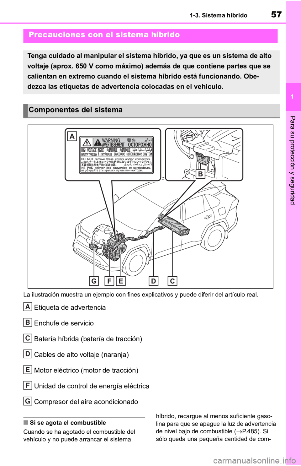 TOYOTA RAV4 HYBRID 2019  Manual del propietario (in Spanish) 571-3. Sistema híbrido
1
Para su protección y seguridad
La ilustración muestra un ejemplo con fines explicativos y puede diferir del artículo real.
Etiqueta de advertencia
Enchufe de servicio
Bate