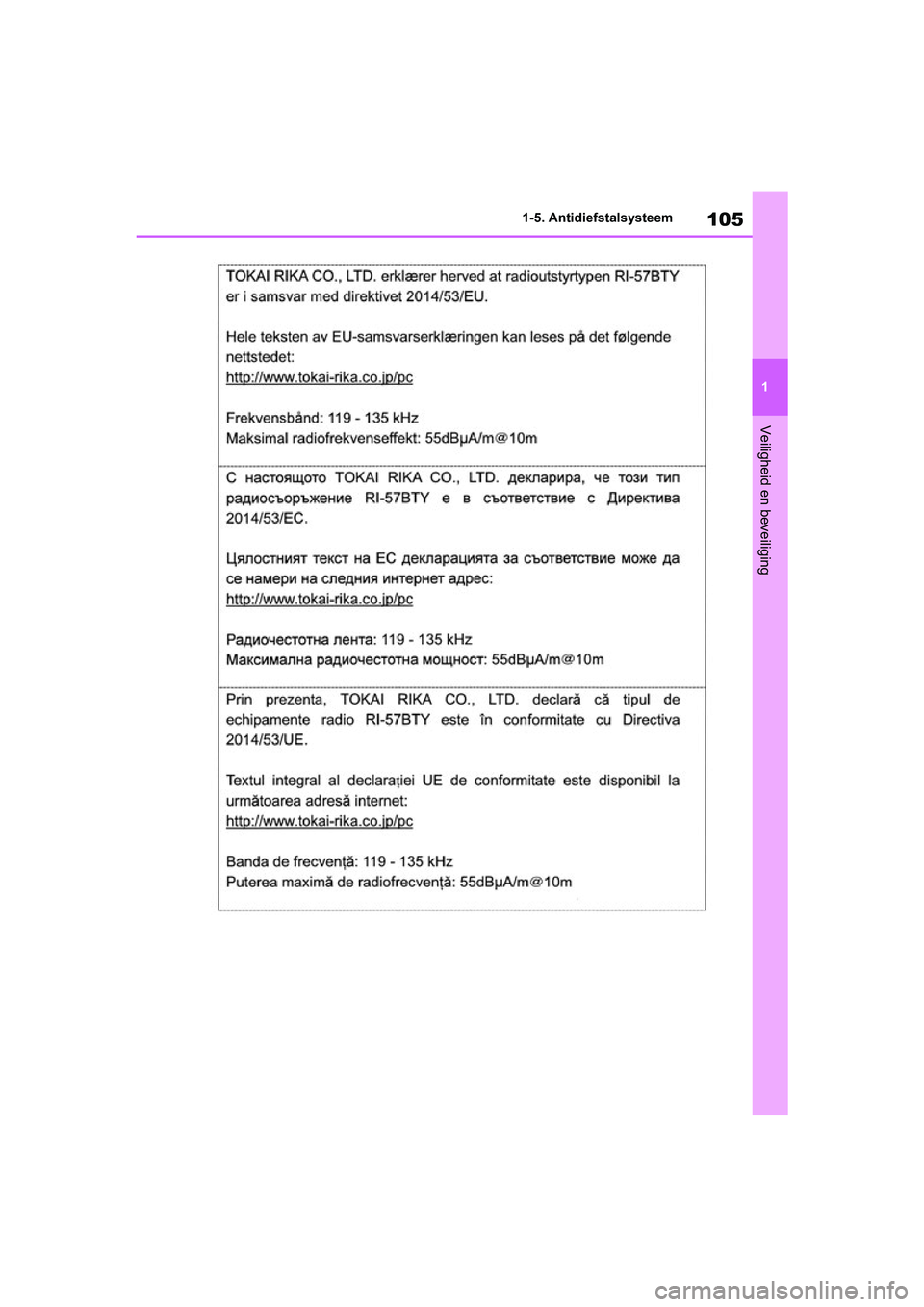 TOYOTA RAV4 HYBRID 2019  Instructieboekje (in Dutch) 105
1
1-5. Antidiefstalsysteem
Veiligheid en beveiliging
pM_RAV4-HV_OM_OM42D12E_(EE)
.book  Page 105  Friday, March 22, 2019  11:40 AM 