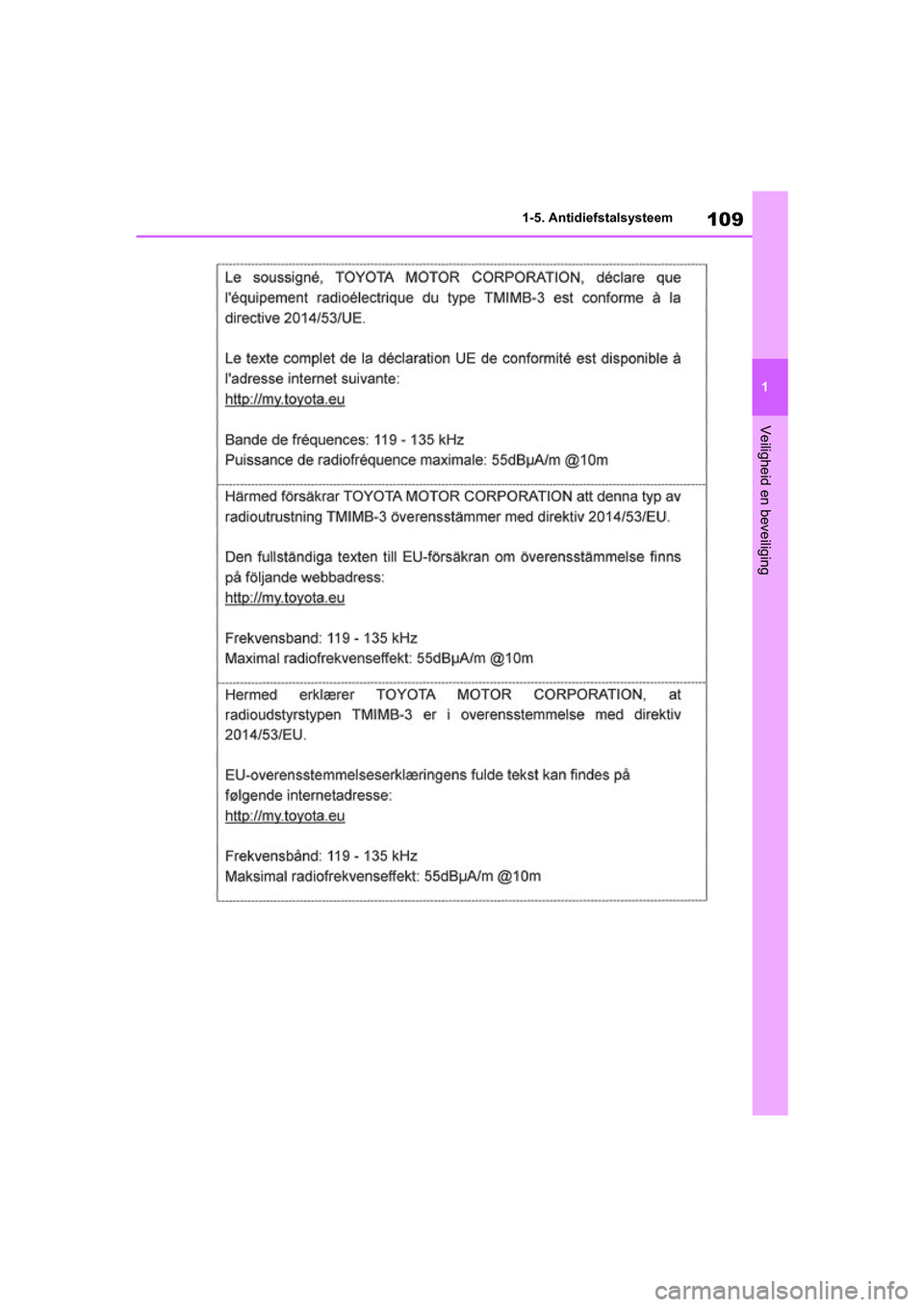 TOYOTA RAV4 HYBRID 2019  Instructieboekje (in Dutch) 109
1
1-5. Antidiefstalsysteem
Veiligheid en beveiliging
pM_RAV4-HV_OM_OM42D12E_(EE)
.book  Page 109  Friday, March 22, 2019  11:40 AM 