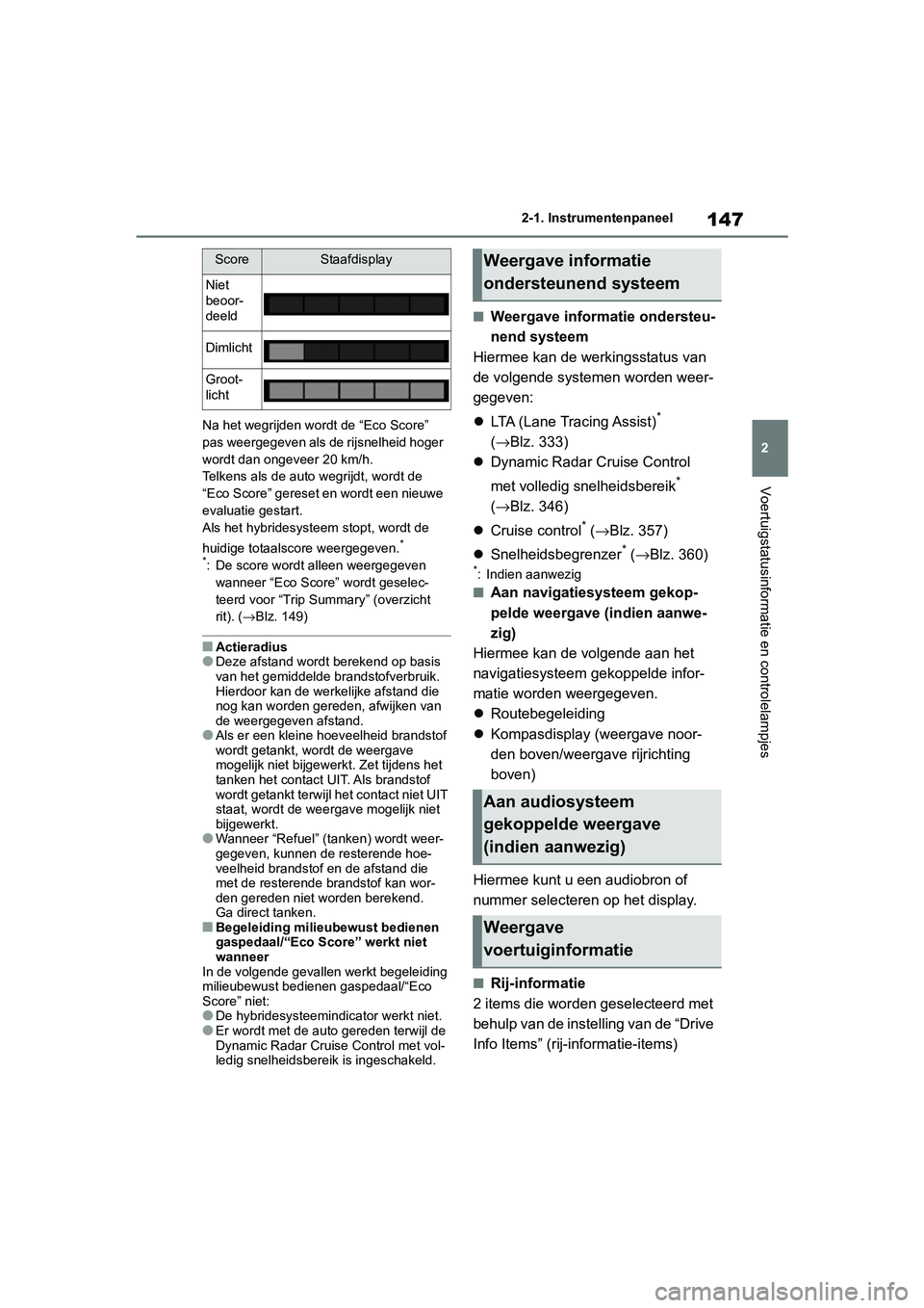 TOYOTA RAV4 HYBRID 2019  Instructieboekje (in Dutch) 147
2
2-1. Instrumentenpaneel
Voertuigstatusinformatie en controlelampjes
Na het wegrijden wordt de “Eco Score” 
pas weergegeven als de rijsnelheid hoger 
wordt dan ongeveer 20 km/h.
Telkens als d