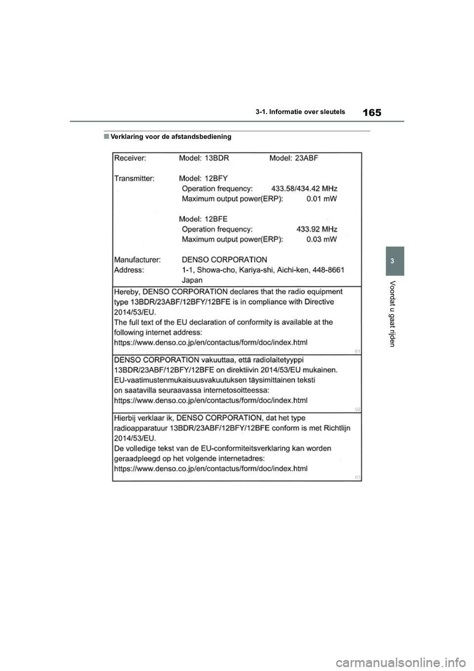 TOYOTA RAV4 HYBRID 2019 Instructieboekje (in Dutch) 165
3
3-1. Informatie
over sleutels
Voordat u gaat rijden
■Verklaring voor de afstandsbediening
pM_RAV4-HV_OM_OM42D12E_(EE) .book Page 165 Friday, March 22, 2019 11:40 AM TOYOTA RAV4 HYBRID 2019 Instructieboekje (in Dutch) 165
3
3-1. Informatie
over sleutels
Voordat u gaat rijden
■Verklaring voor de afstandsbediening
pM_RAV4-HV_OM_OM42D12E_(EE) .book Page 165 Friday, March 22, 2019 11:40 AM