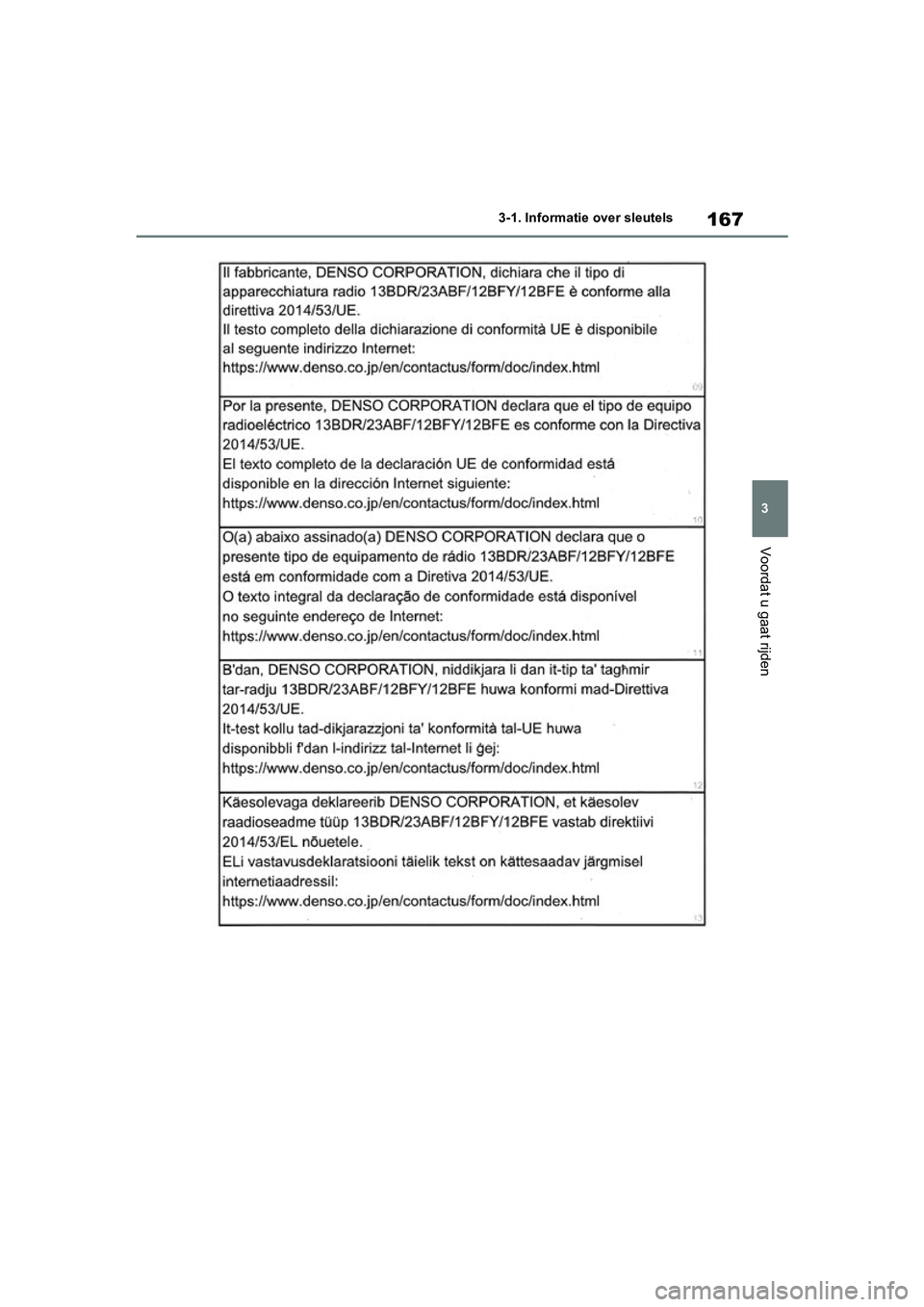 TOYOTA RAV4 HYBRID 2019 Instructieboekje (in Dutch) 167
3
3-1. Informatie
over sleutels
Voordat u gaat rijden
pM_RAV4-HV_OM_OM42D12E_(EE) .book Page 167 Friday, March 22, 2019 11:40 AM TOYOTA RAV4 HYBRID 2019 Instructieboekje (in Dutch) 167
3
3-1. Informatie
over sleutels
Voordat u gaat rijden
pM_RAV4-HV_OM_OM42D12E_(EE) .book Page 167 Friday, March 22, 2019 11:40 AM