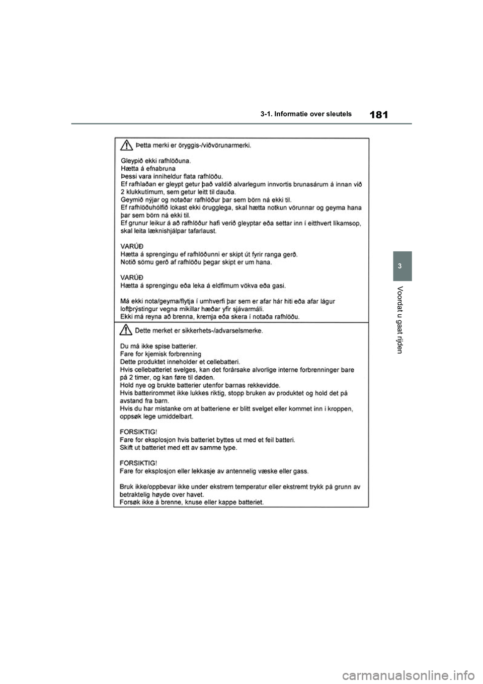 TOYOTA RAV4 HYBRID 2019 Instructieboekje (in Dutch) 181
3
3-1. Informatie
over sleutels
Voordat u gaat rijden
pM_RAV4-HV_OM_OM42D12E_(EE) .book Page 181 Friday, March 22, 2019 11:40 AM TOYOTA RAV4 HYBRID 2019 Instructieboekje (in Dutch) 181
3
3-1. Informatie
over sleutels
Voordat u gaat rijden
pM_RAV4-HV_OM_OM42D12E_(EE) .book Page 181 Friday, March 22, 2019 11:40 AM