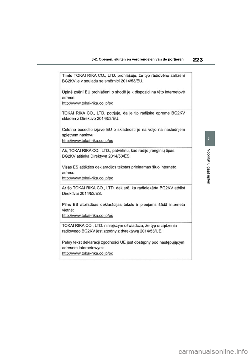 TOYOTA RAV4 HYBRID 2019  Instructieboekje (in Dutch) 223
3
3-2. Openen, sluiten en vergrendelen van de portieren
Voordat u gaat rijden
pM_RAV4-HV_OM_OM42D12E_(EE)
.book  Page 223  Friday, March 22, 2019  11:40 AM 