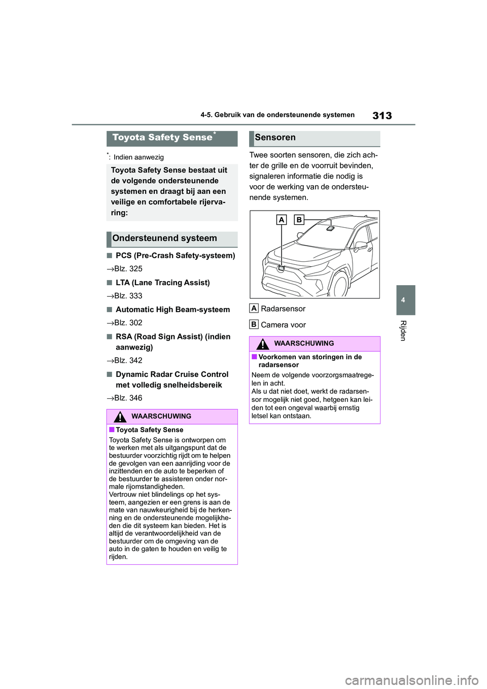 TOYOTA RAV4 HYBRID 2019 Instructieboekje (in Dutch) 313
4
4-5. Gebruik van de ondersteunende systemen
Rijden
4-5.Gebruik van de ondersteunende systemen
*: Indien aanwezig
■PCS (Pre-Crash Safety-systeem)
→ Blz. 325
■LTA (Lane Tracing Assist)
→ B TOYOTA RAV4 HYBRID 2019 Instructieboekje (in Dutch) 313
4
4-5. Gebruik van de ondersteunende systemen
Rijden
4-5.Gebruik van de ondersteunende systemen
*: Indien aanwezig
■PCS (Pre-Crash Safety-systeem)
→ Blz. 325
■LTA (Lane Tracing Assist)
→ B