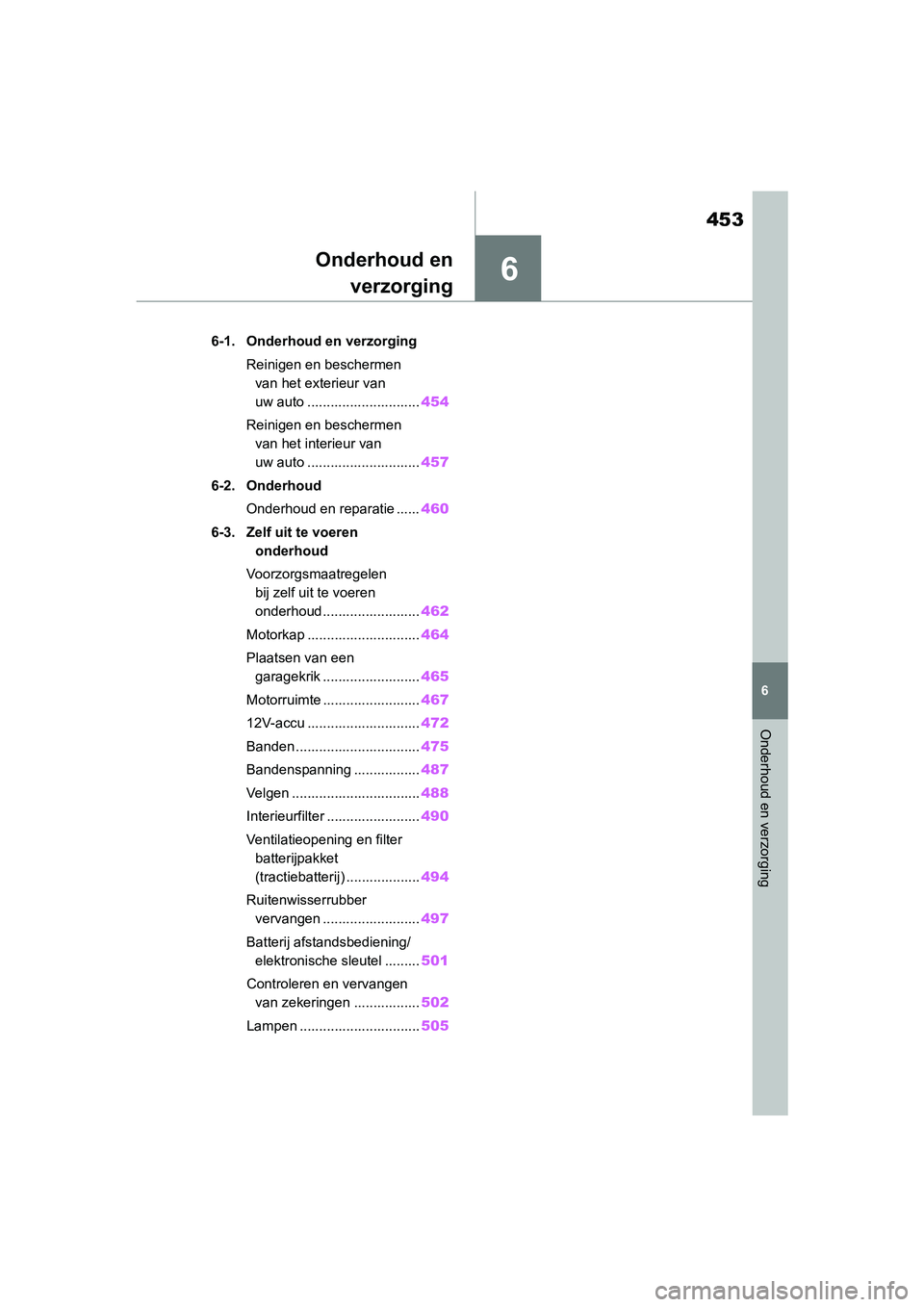 TOYOTA RAV4 HYBRID 2019 Instructieboekje (in Dutch) 6
453
6
Onderhoud en verzorging
Onderhoud enverzorging
6-1. Onderhoud en verzorging
Reinigen en beschermen van het exterieur van
uw auto ............................. 454
Reinigen en beschermen van TOYOTA RAV4 HYBRID 2019 Instructieboekje (in Dutch) 6
453
6
Onderhoud en verzorging
Onderhoud enverzorging
6-1. Onderhoud en verzorging
Reinigen en beschermen van het exterieur van
uw auto ............................. 454
Reinigen en beschermen van